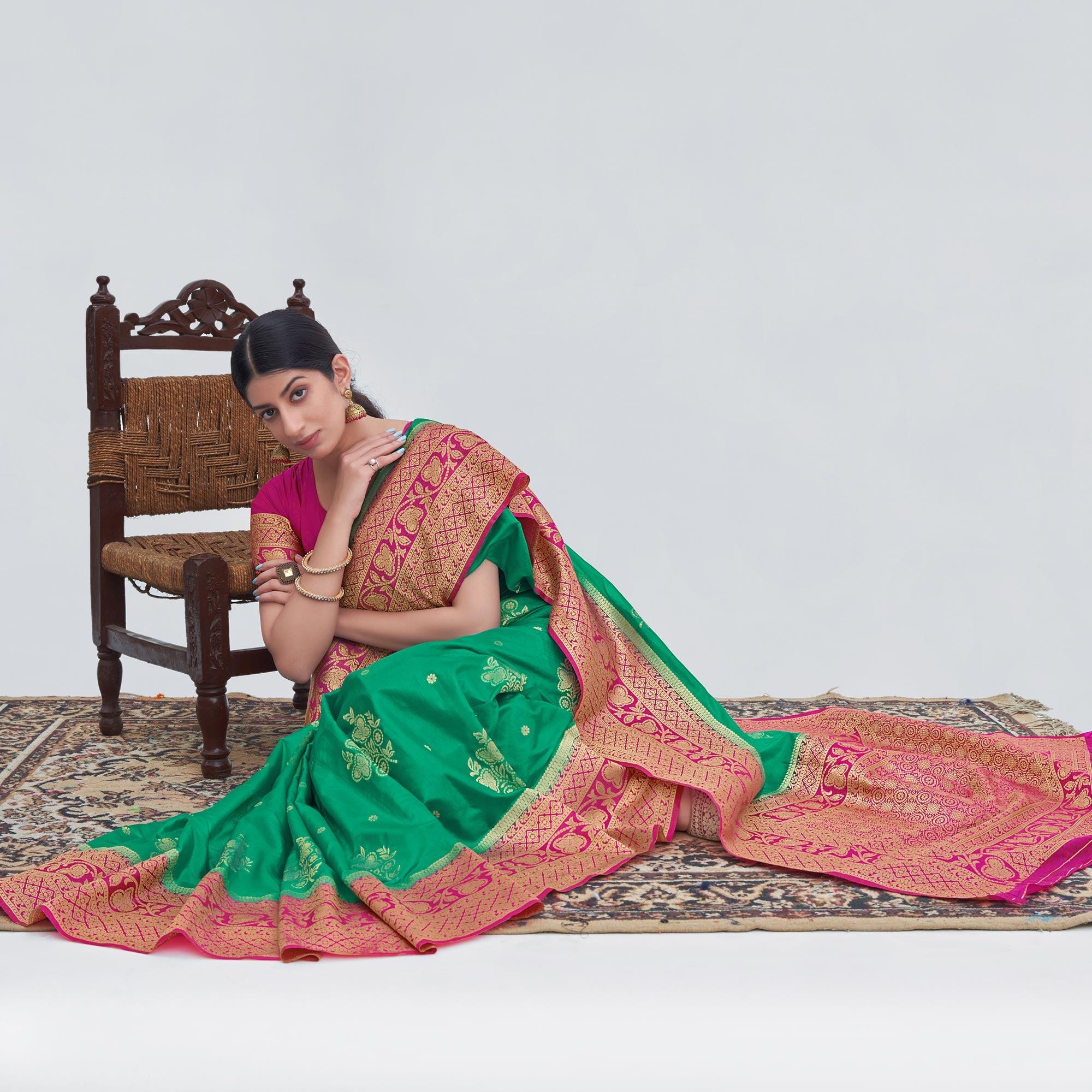 Sea Green Woven Organza Saree - Peachmode