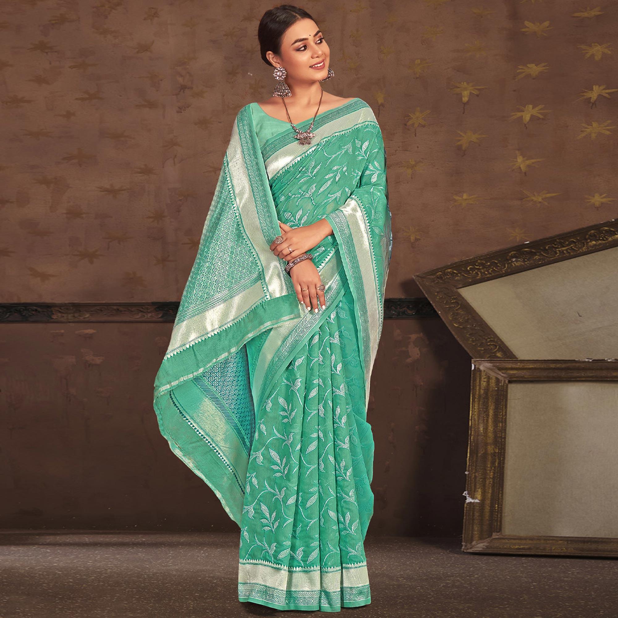 Sea Green Woven Poly Cotton Saree - Peachmode
