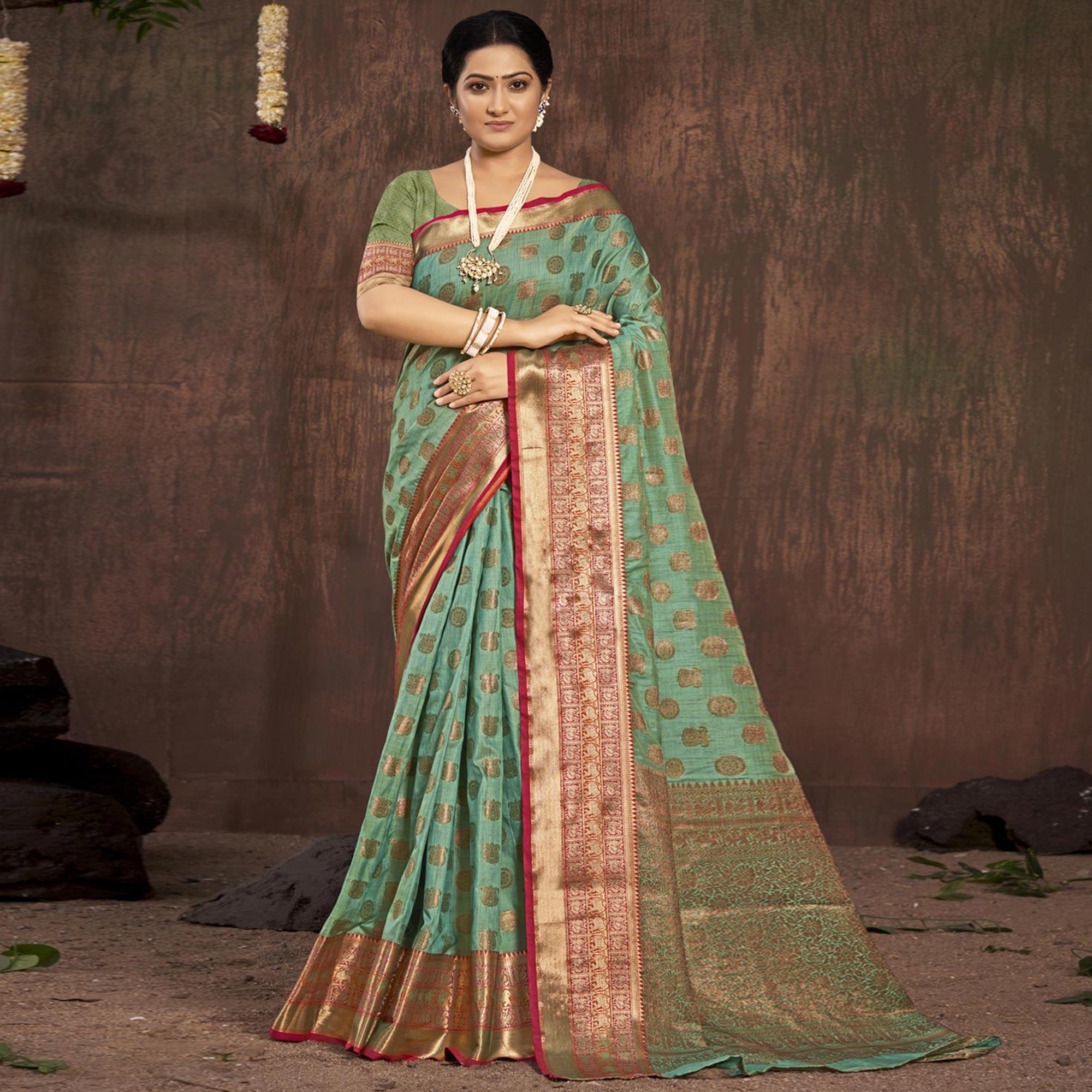 Sea Green Woven Poly Cotton Saree - Peachmode