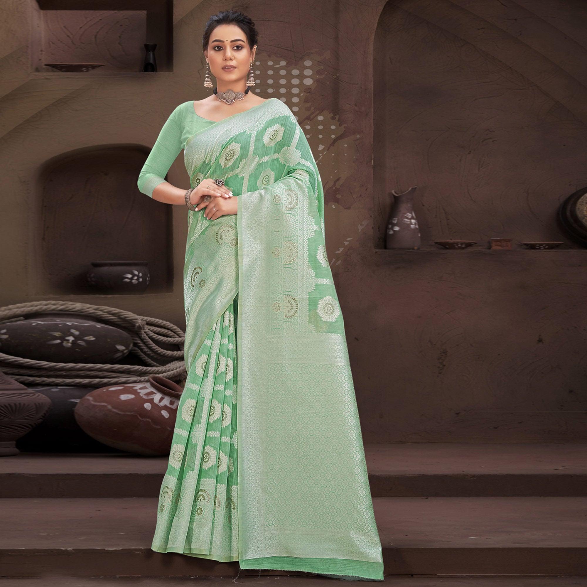 Sea Green Woven Poly Cotton Saree - Peachmode