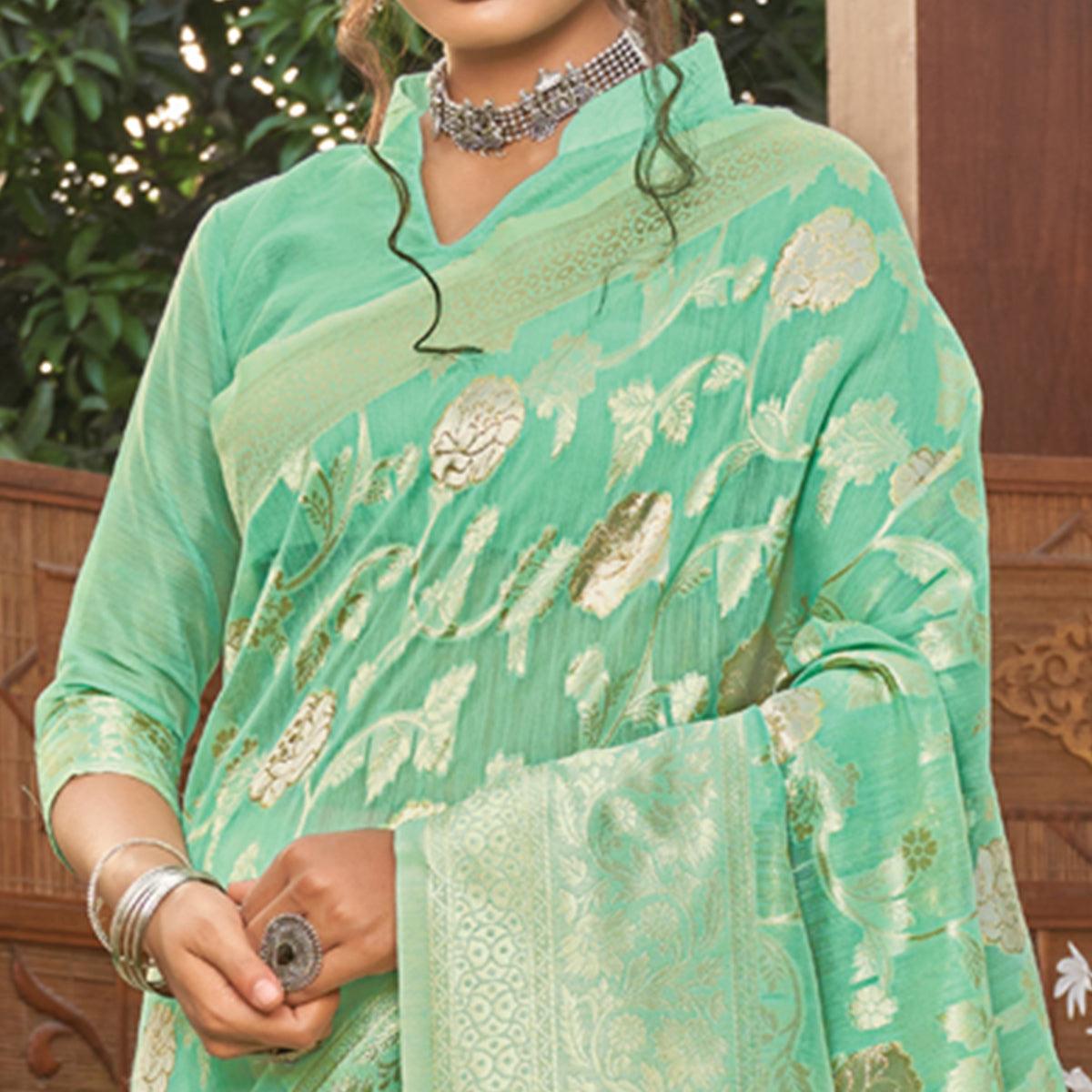 Sea Green Woven Poly Cotton Saree - Peachmode