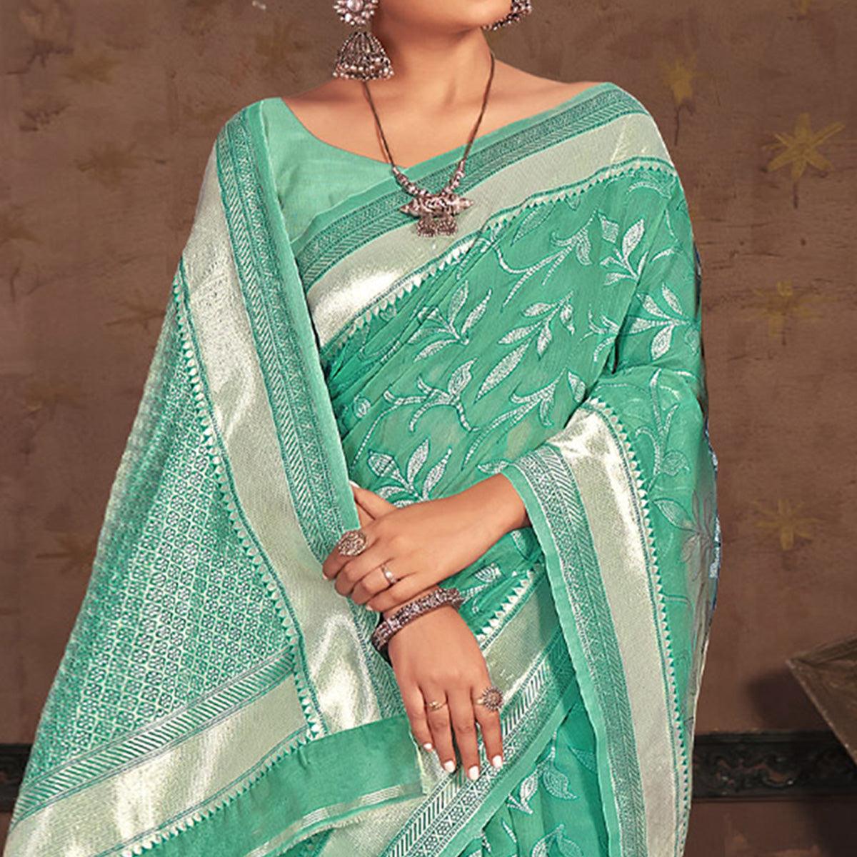 Sea Green Woven Poly Cotton Saree - Peachmode