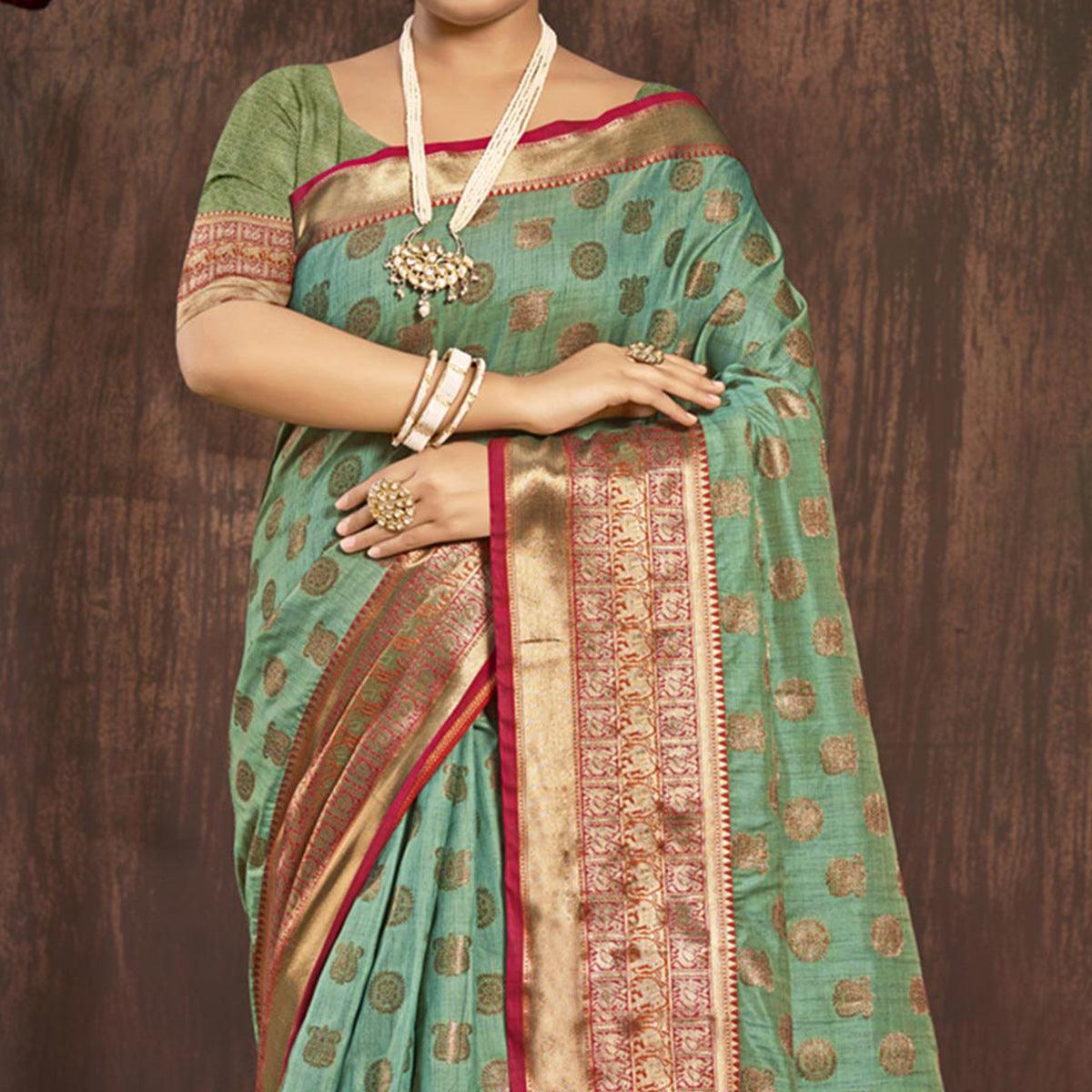 Sea Green Woven Poly Cotton Saree - Peachmode