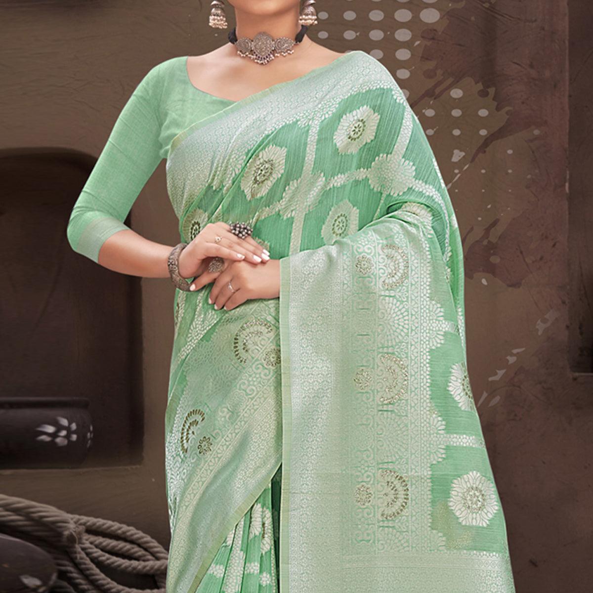 Sea Green Woven Poly Cotton Saree - Peachmode