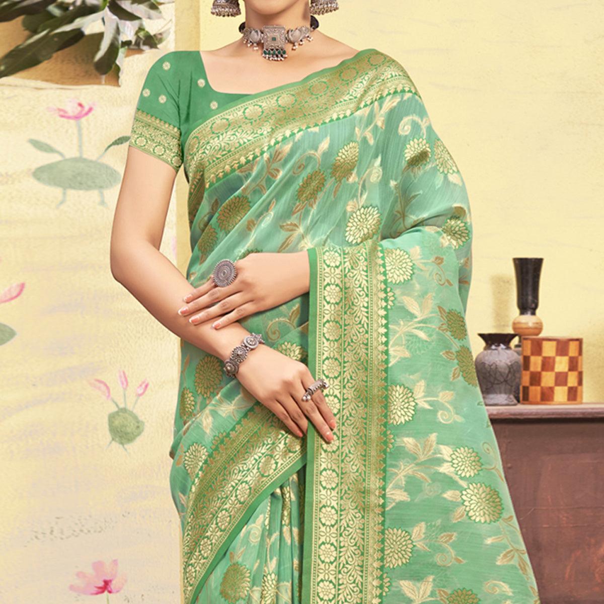 Sea Green Woven Poly Cotton Saree With Tassels - Peachmode