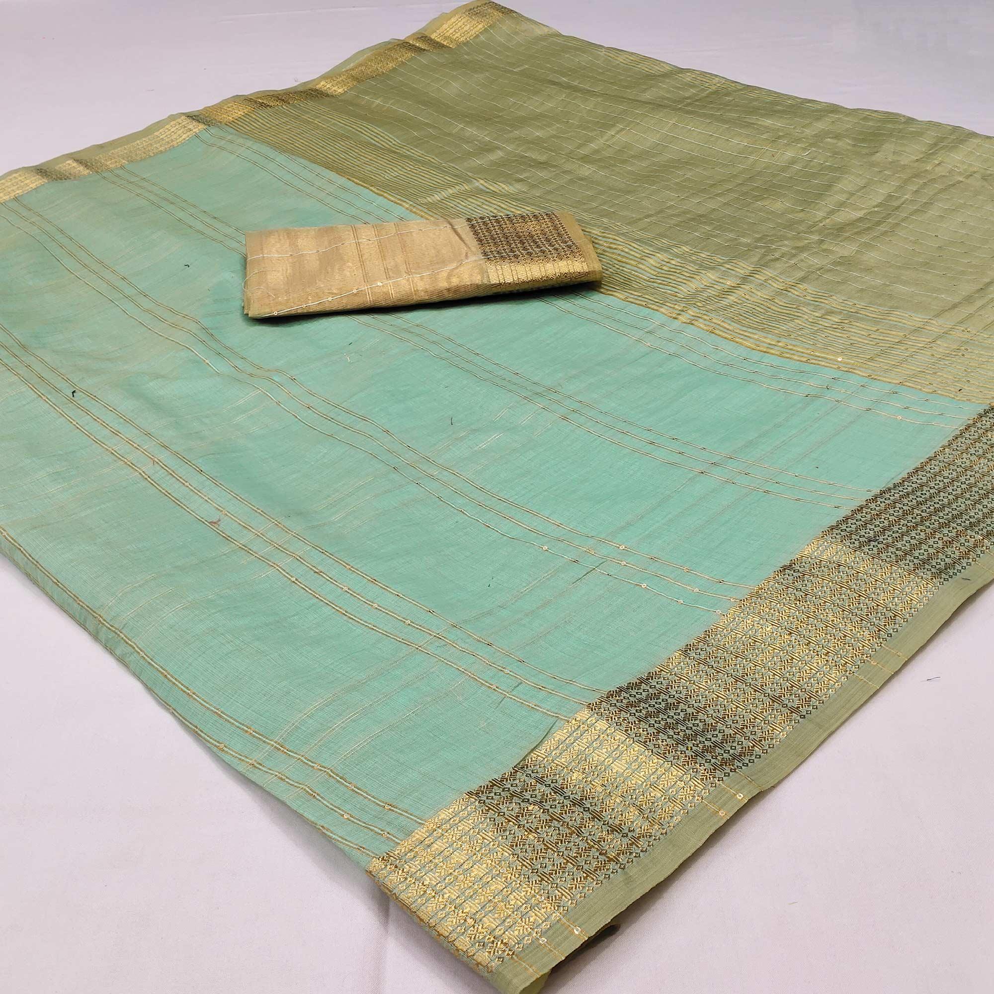 Sea Green Woven-Sequins Work Chanderi Saree - Peachmode