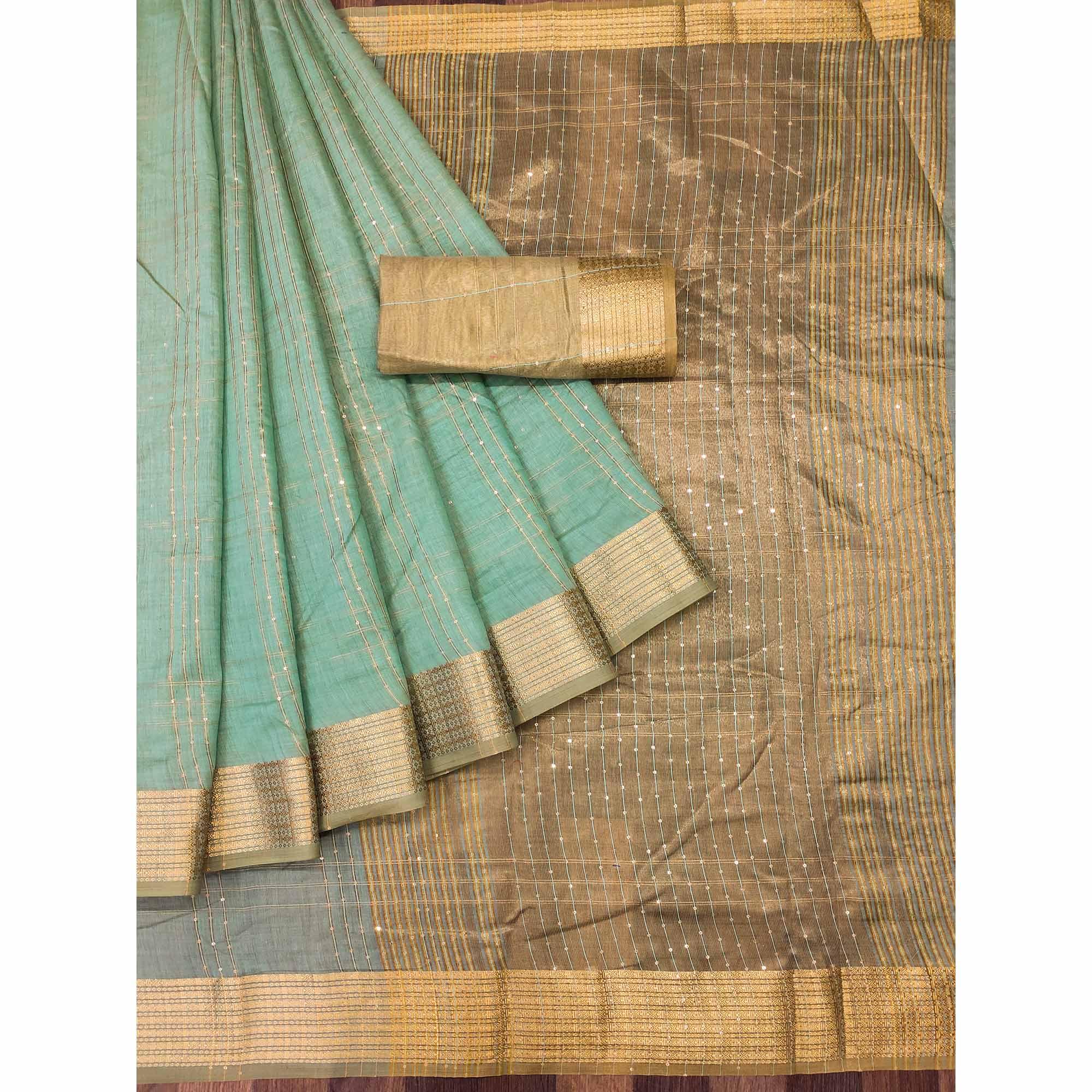 Sea Green Woven-Sequins Work Chanderi Saree - Peachmode
