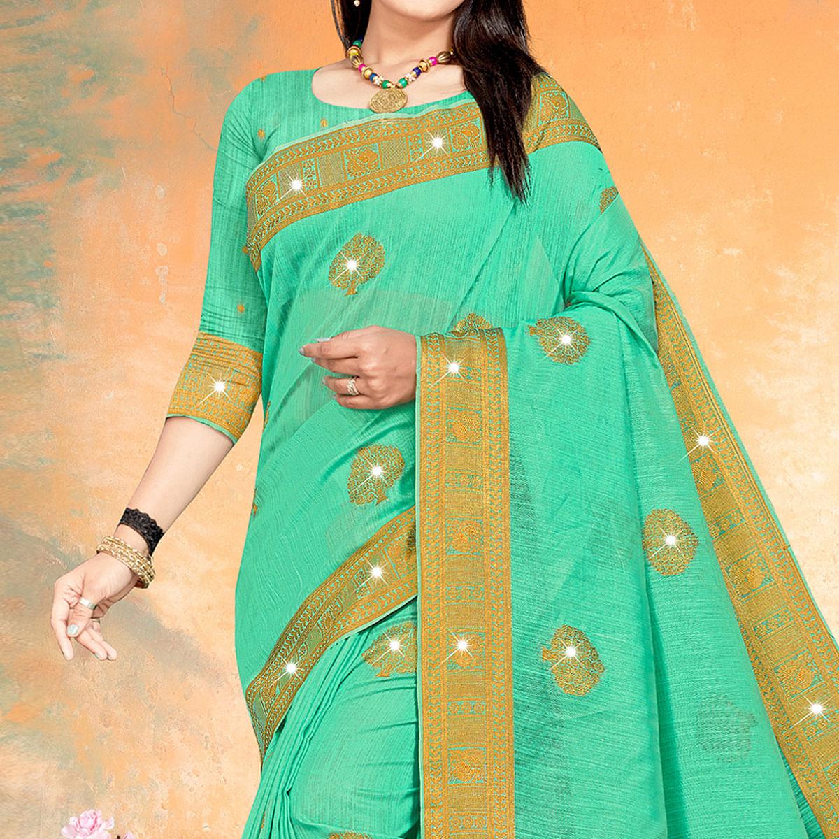 Sea Green Woven With Swarovski Cotton Silk Saree - Peachmode