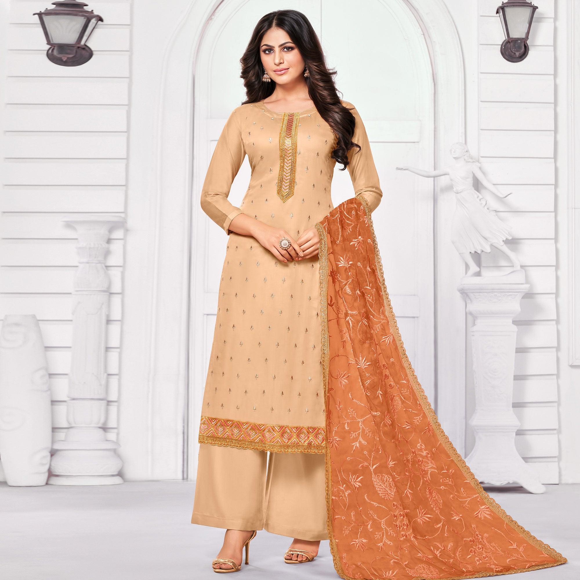 Sensational Beige Colored Partywear Embroidered Cotton Dress Material - Peachmode