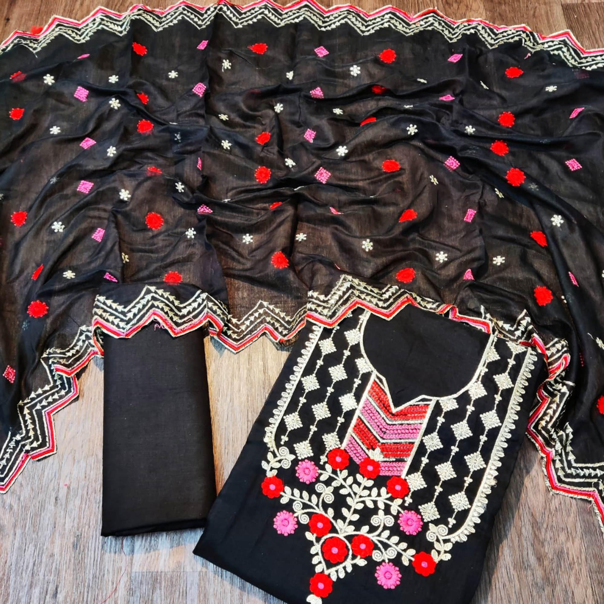 Sensational Black Colored Casual Wear Embroidered Chanderi Dress Material - Peachmode