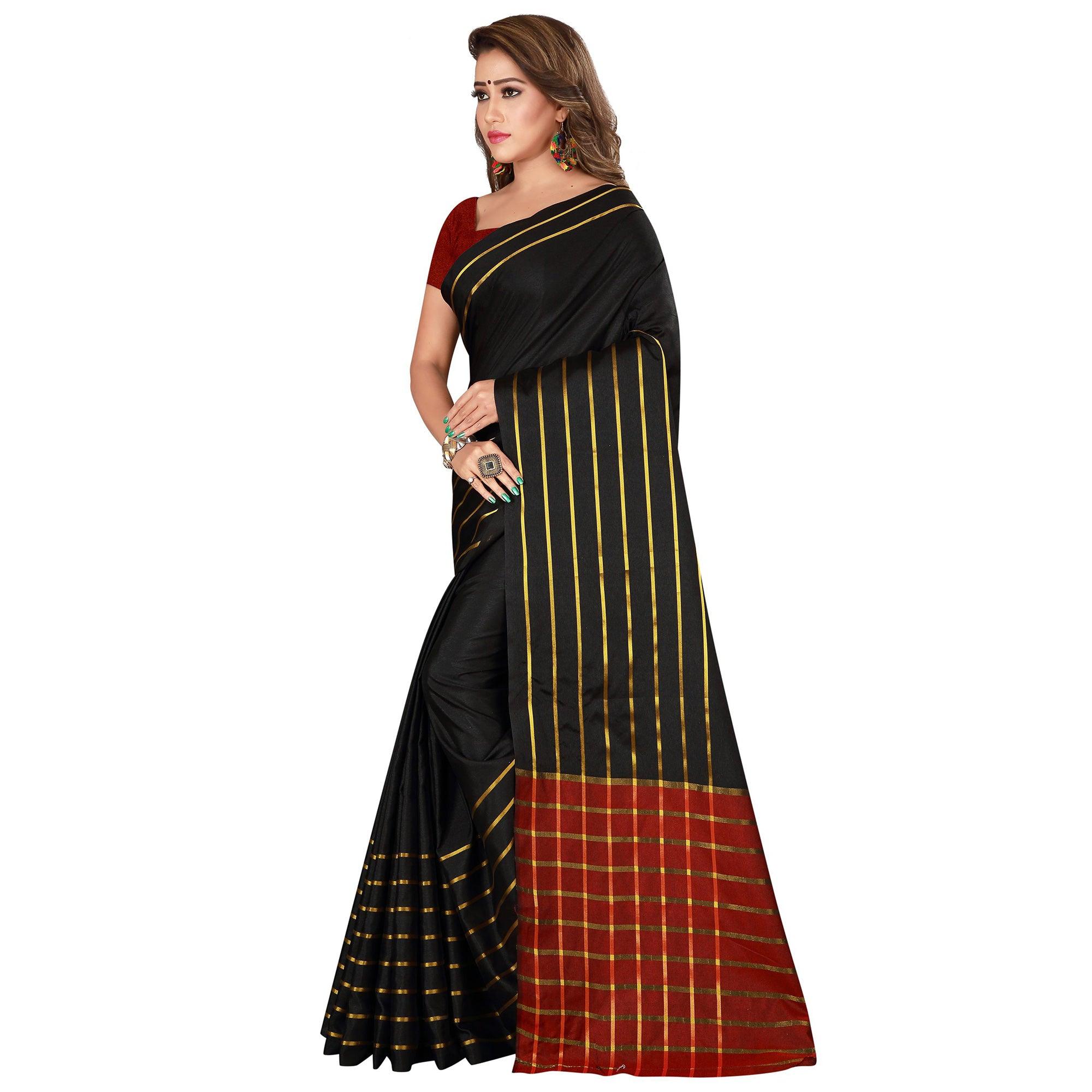 Sensational Black Colored Casual Wear Woven Cotton Silk Saree - Peachmode