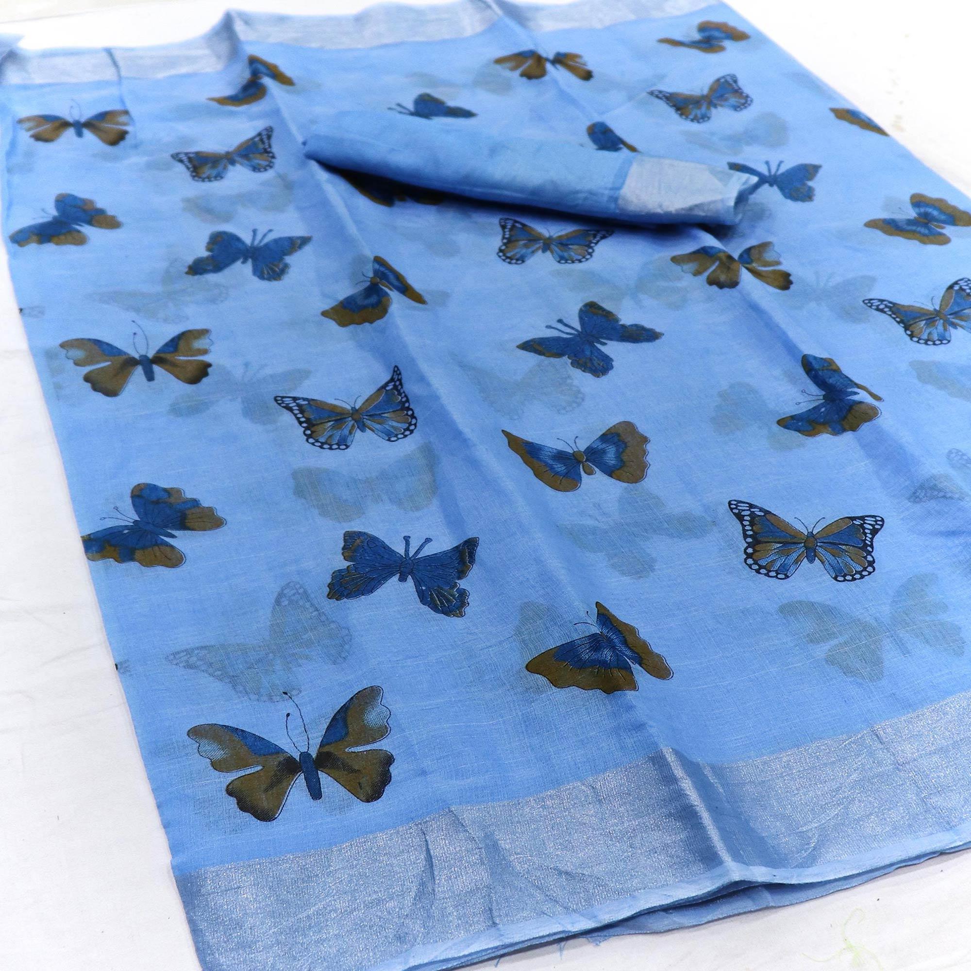 Sensational Blue Colored Casual Wear Butterfly Block Printed Cotton Linen Saree - Peachmode