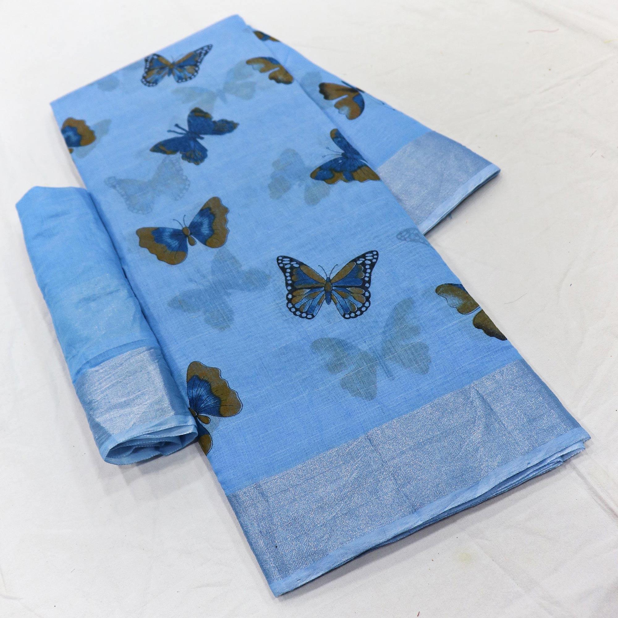 Sensational Blue Colored Casual Wear Butterfly Block Printed Cotton Linen Saree - Peachmode