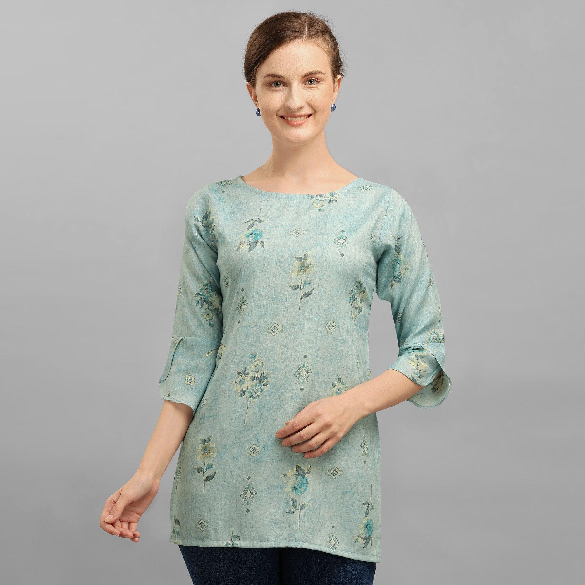 Sensational Blue Colored Casual Wear Foil Printed Rayon Top - Peachmode