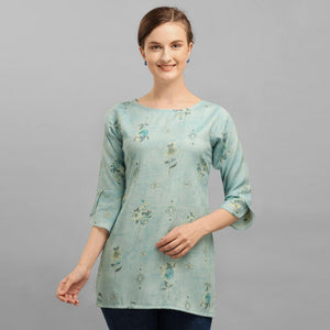 Sensational Blue Colored Casual Wear Foil Printed Rayon Top - Peachmode