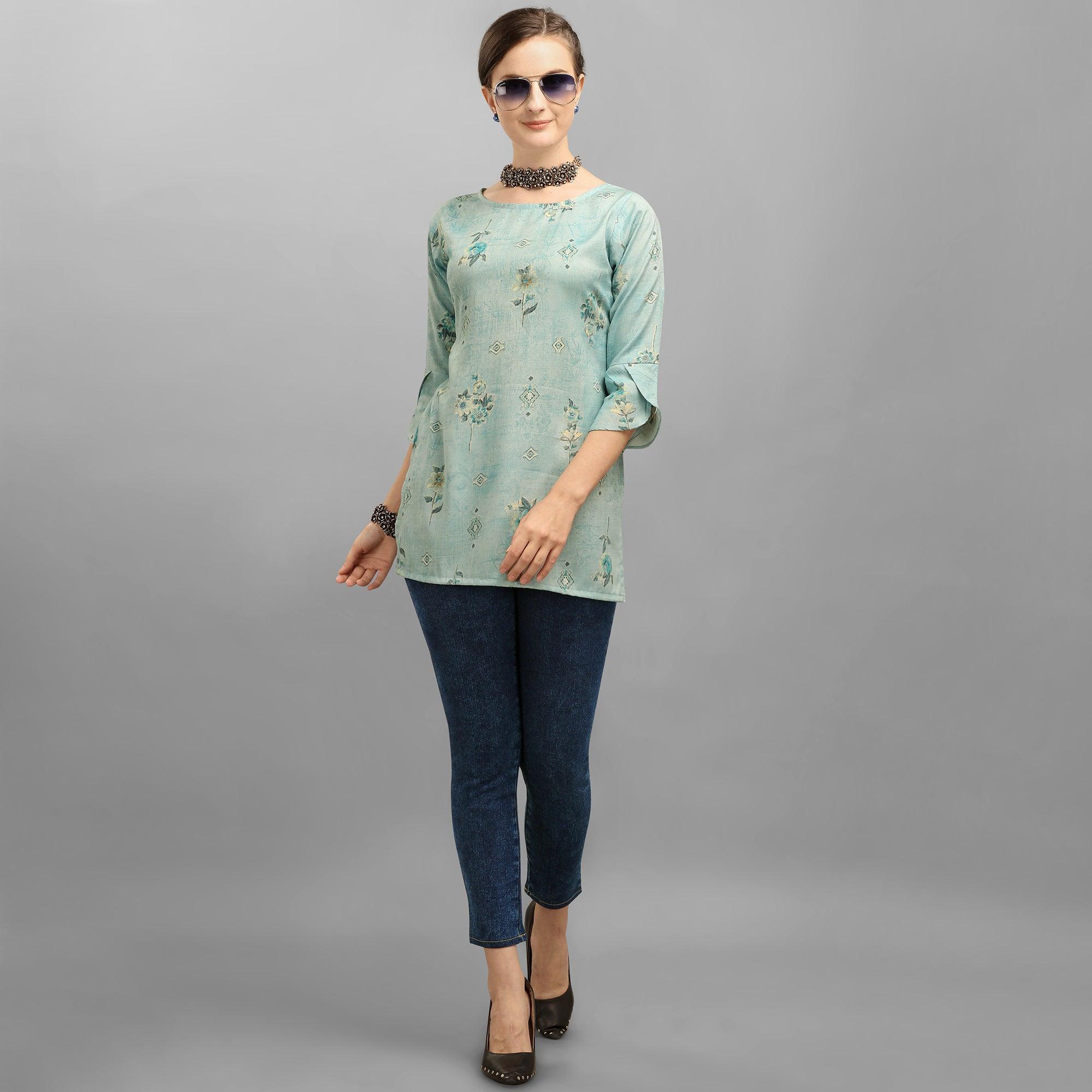 Sensational Blue Colored Casual Wear Foil Printed Rayon Top - Peachmode