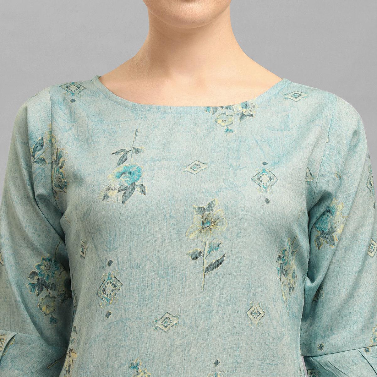 Sensational Blue Colored Casual Wear Foil Printed Rayon Top - Peachmode