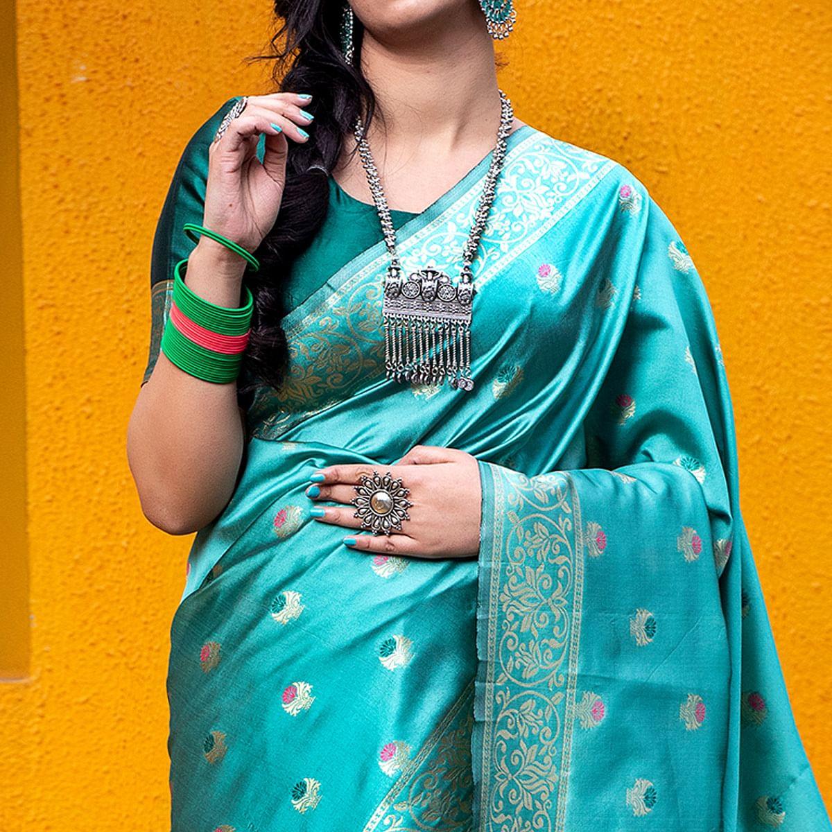 Sensational Blue Colored Festive Wear Woven Banarasi Silk Saree - Peachmode