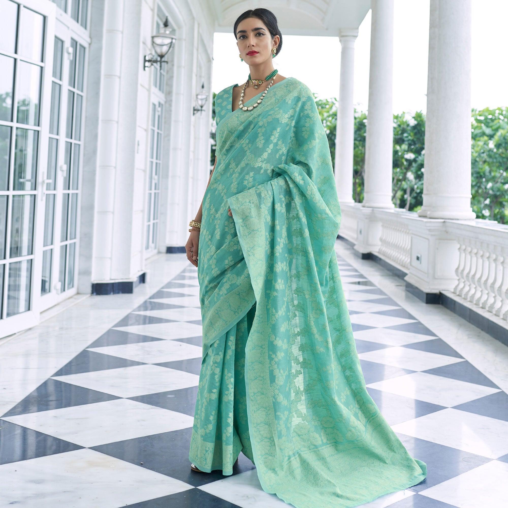 Sensational Green Colored Festive Wear Woven Chanderi Saree - Peachmode