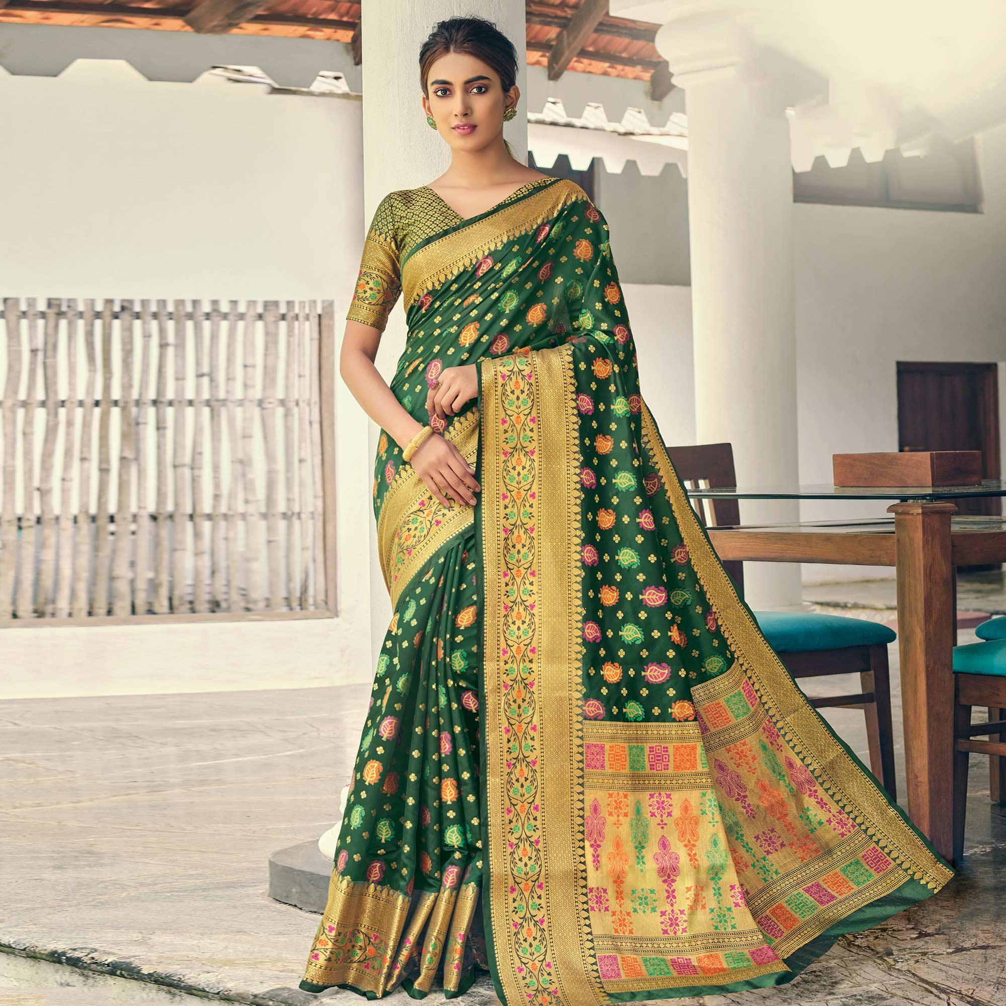 Sensational Green Colored Festive Wear Woven Heavy Banarasi Silk Saree - Peachmode