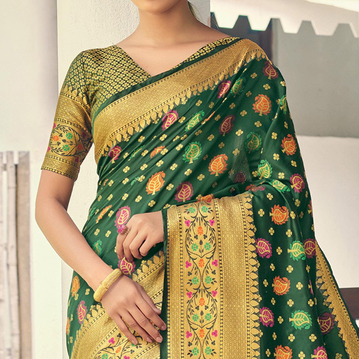 Sensational Green Colored Festive Wear Woven Heavy Banarasi Silk Saree - Peachmode