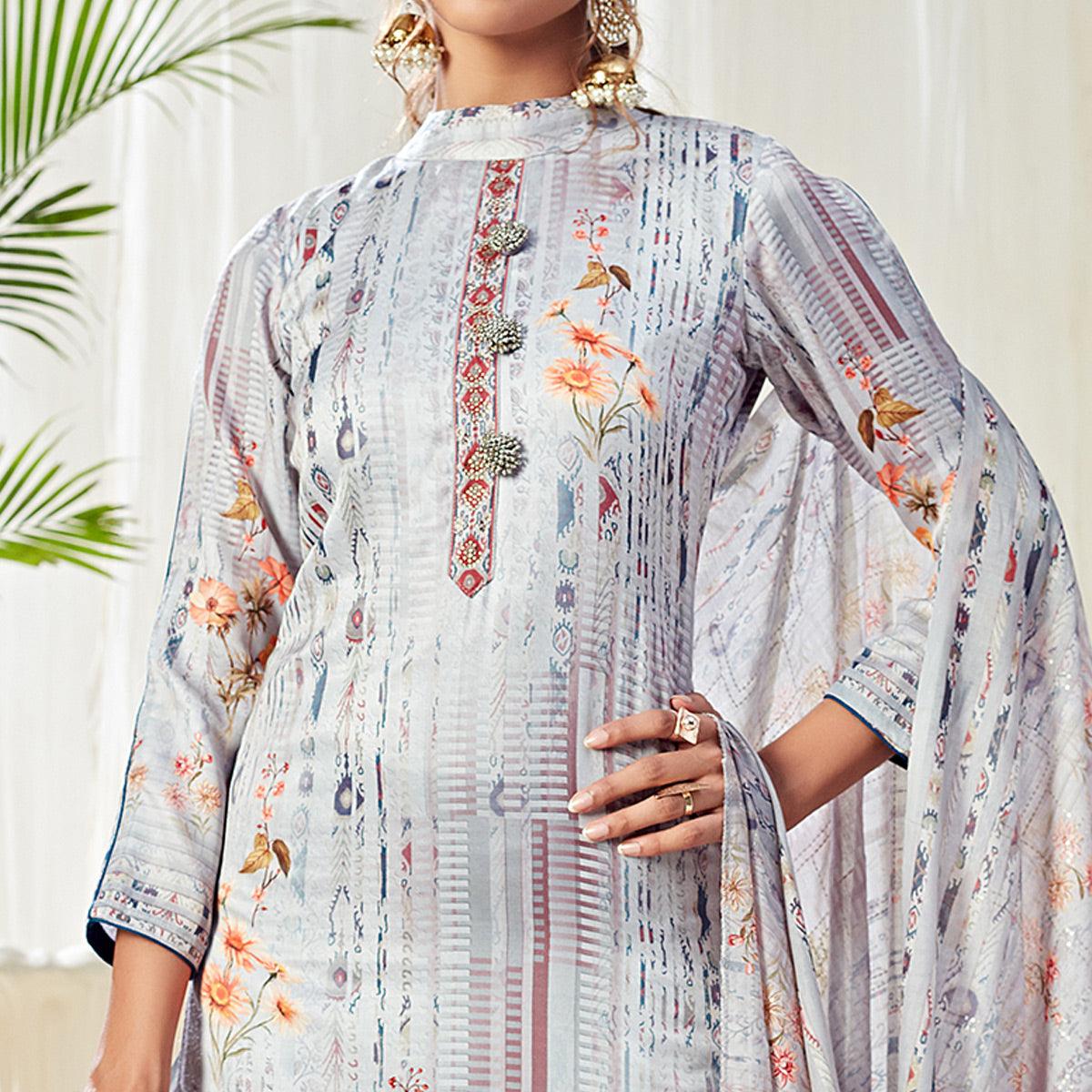 Sensational Lavendar Colored Partywear Digital Printed Cotton Suit - Peachmode