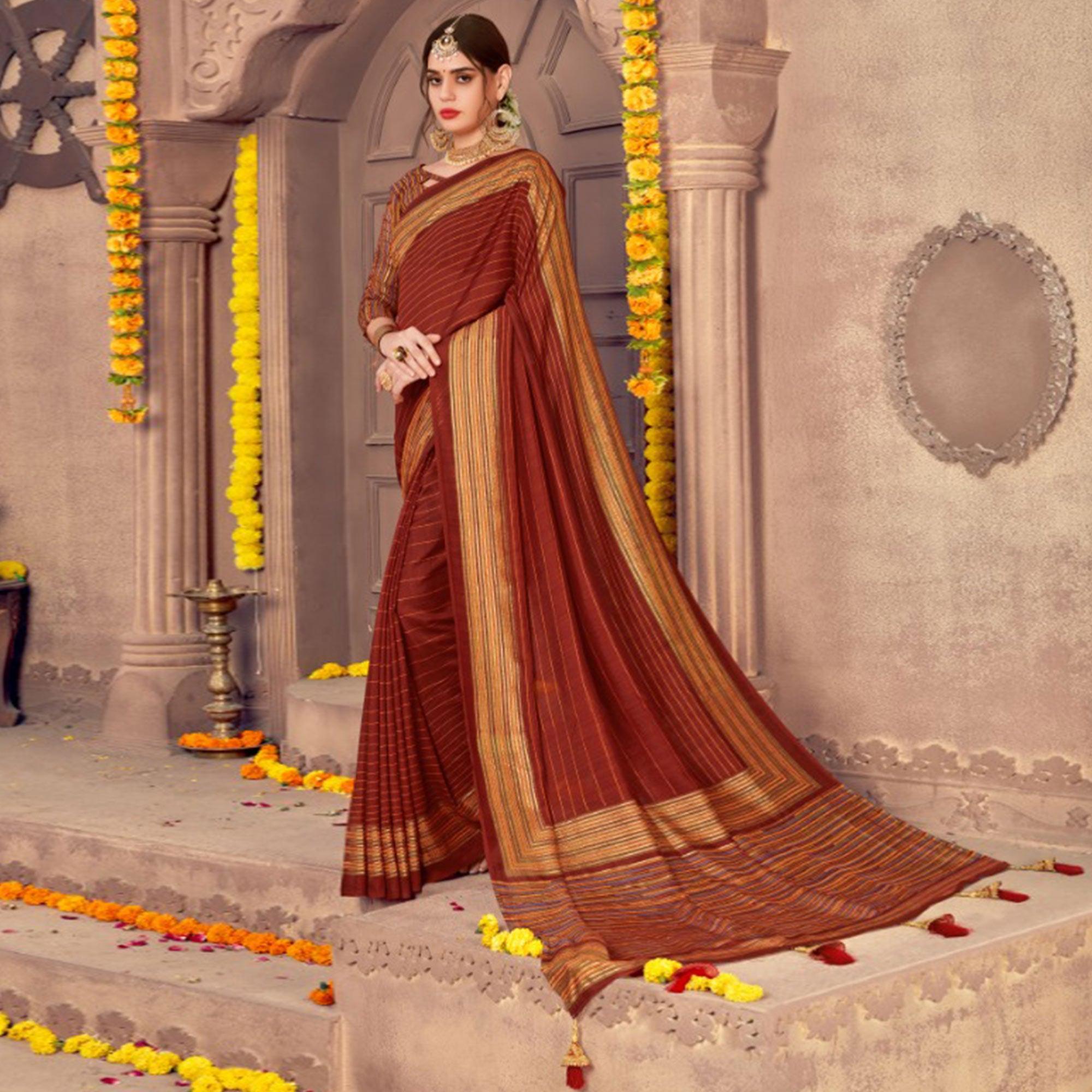 Sensational Maroon Colored Festive Wear Printed Georgette Saree With Tassels - Peachmode