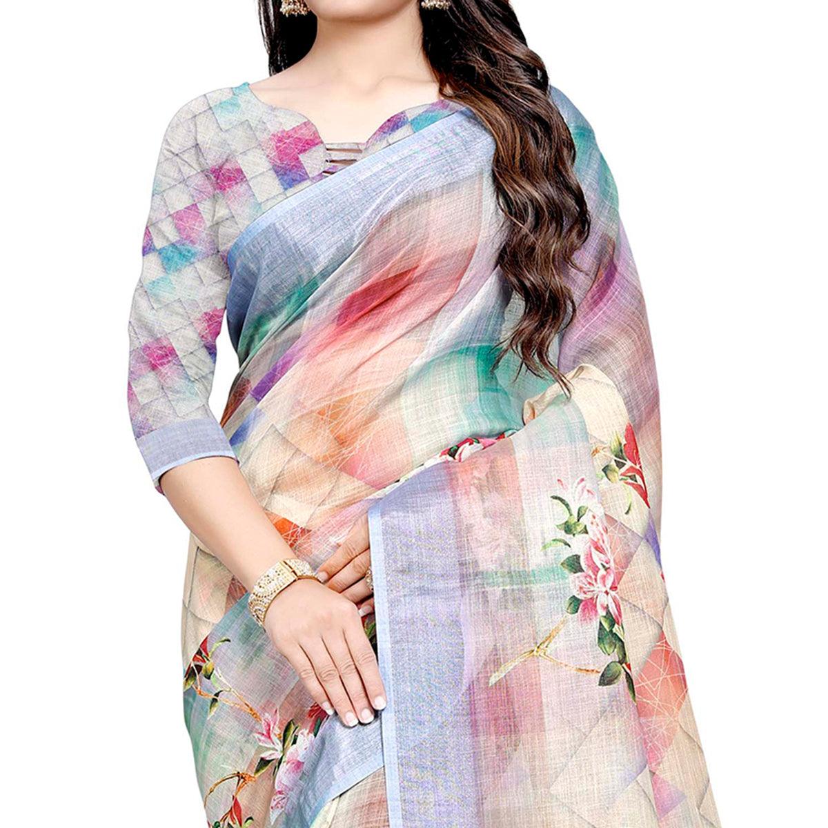 Sensational Multi Colored Casual Digital Printed Linen Saree - Peachmode