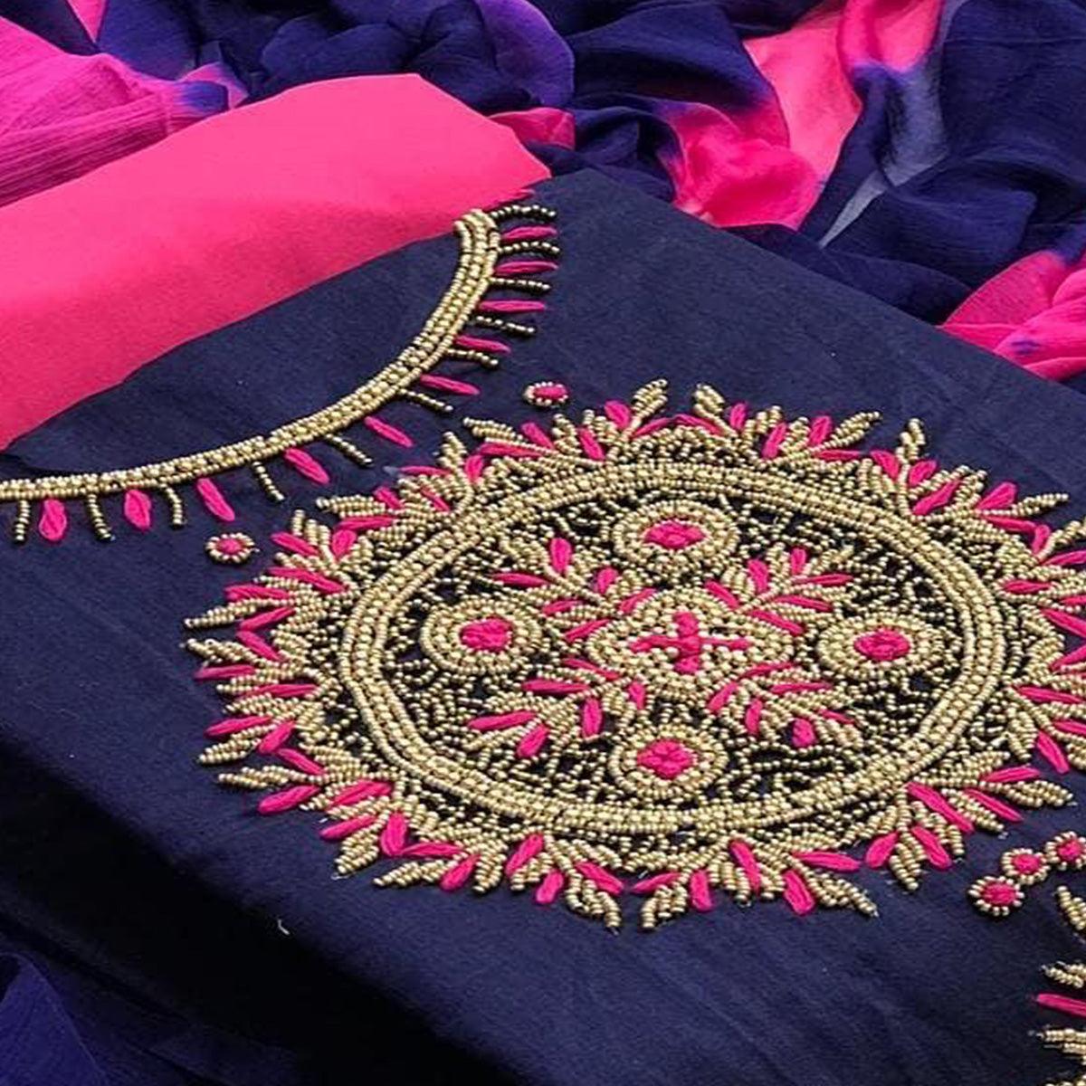 Sensational Navy Blue Colored Casual Wear Embroidered Modal Dress Material - Peachmode