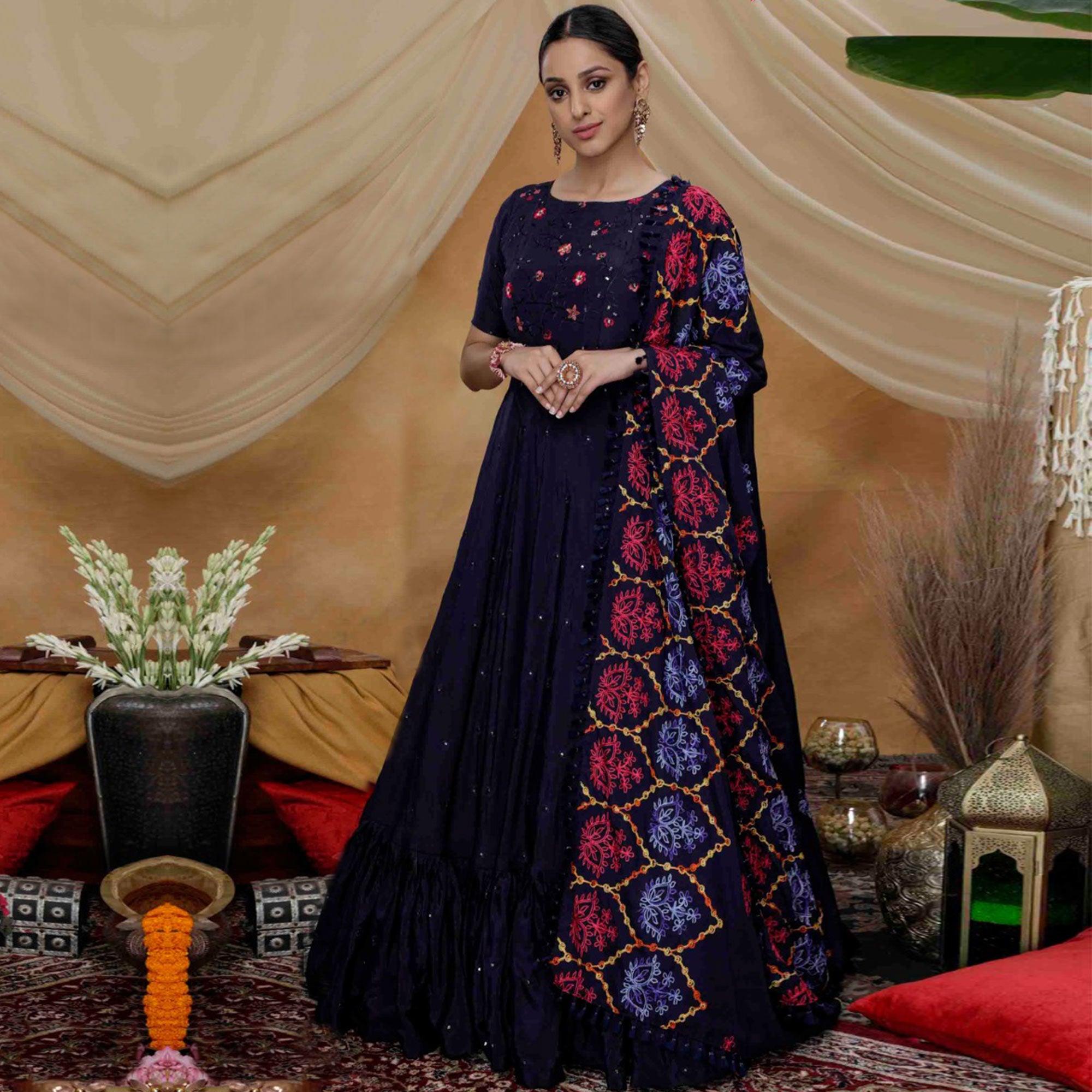 Sensational Navy Blue Colored Partywear Embroidered Silk Anarkali Suit - Peachmode