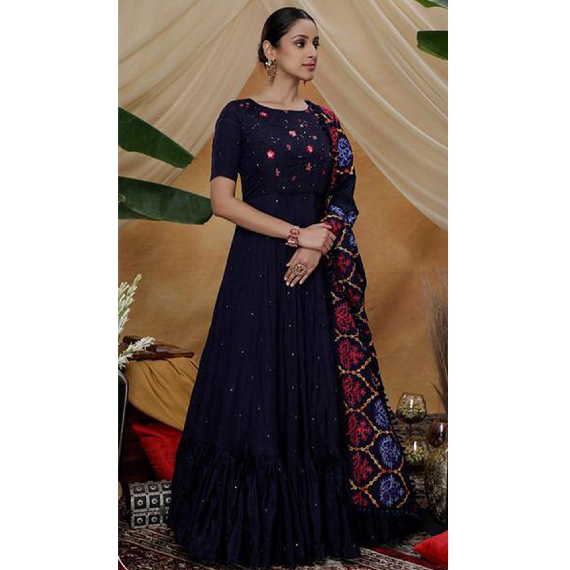 Sensational Navy Blue Colored Partywear Embroidered Silk Anarkali Suit - Peachmode