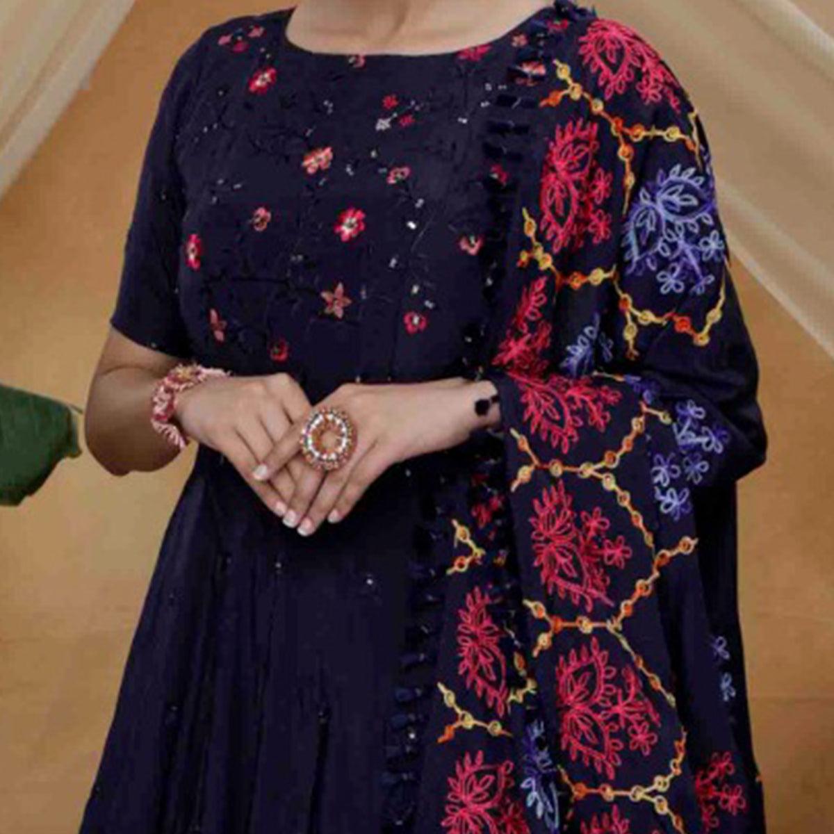 Sensational Navy Blue Colored Partywear Embroidered Silk Anarkali Suit - Peachmode