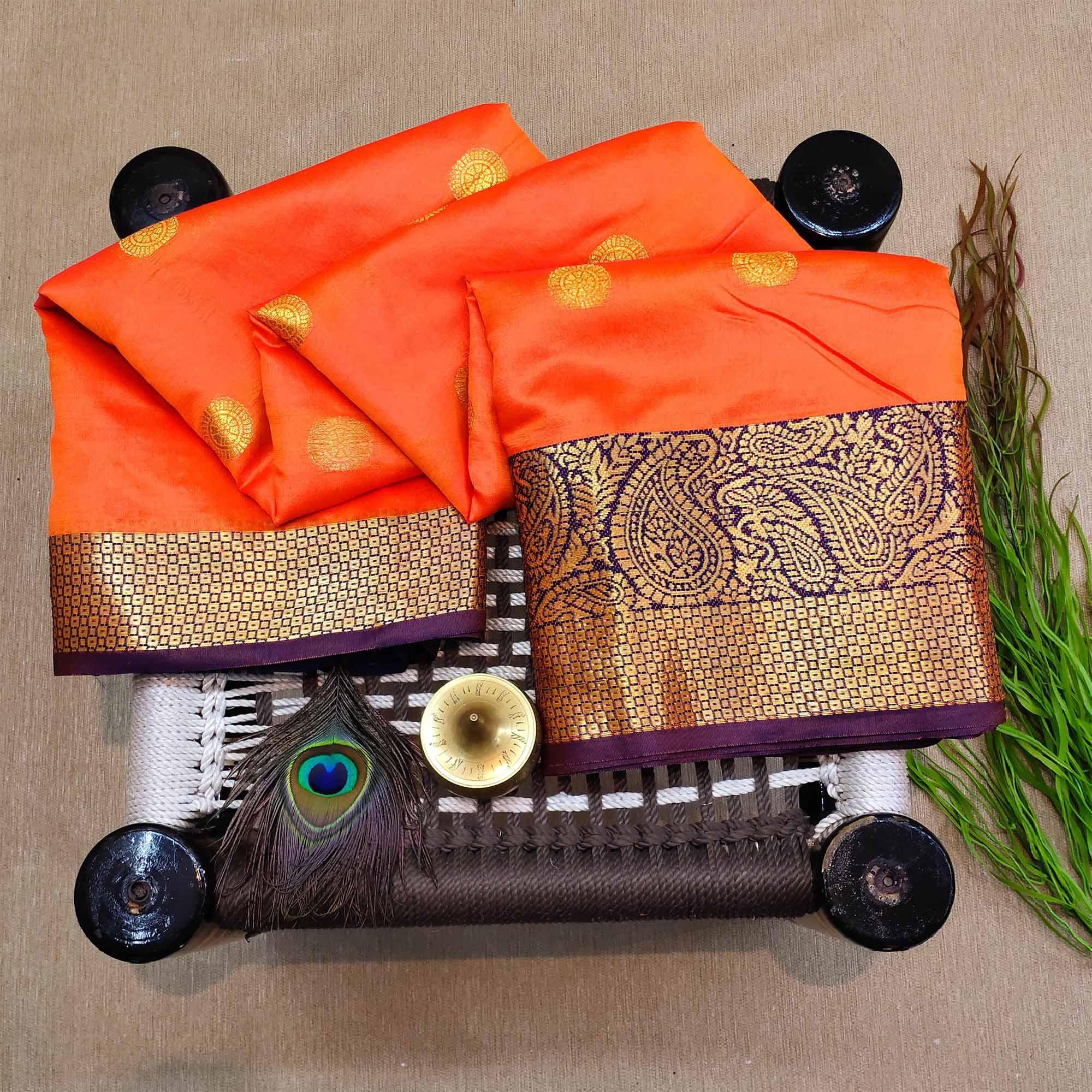 Sensational Orange Colored Festive Wear Woven Kanjivaram Silk Saree - Peachmode