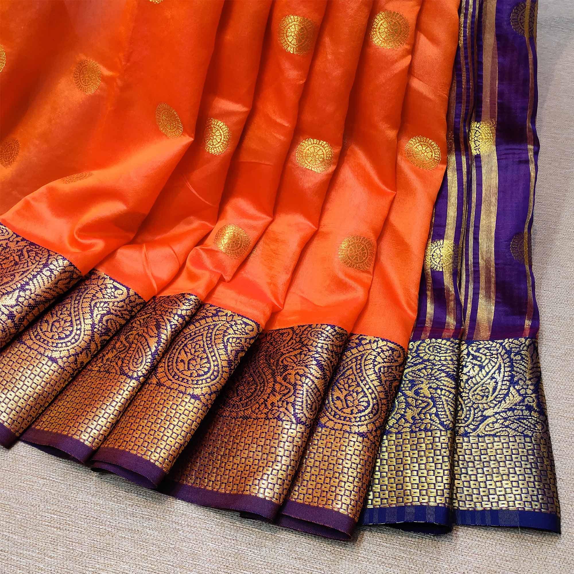 Sensational Orange Colored Festive Wear Woven Kanjivaram Silk Saree - Peachmode