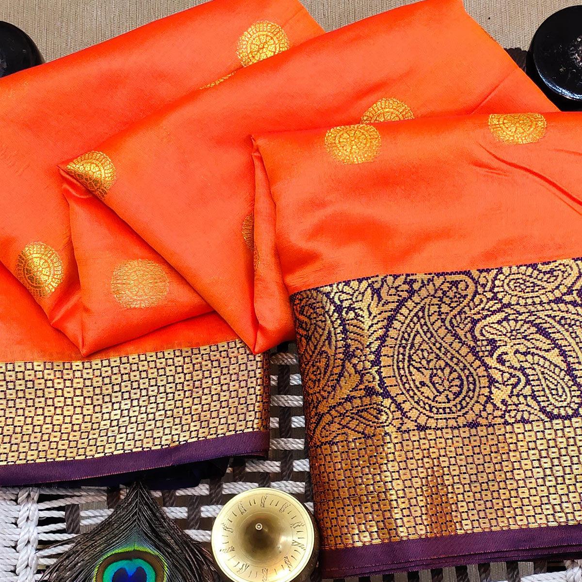 Sensational Orange Colored Festive Wear Woven Kanjivaram Silk Saree - Peachmode