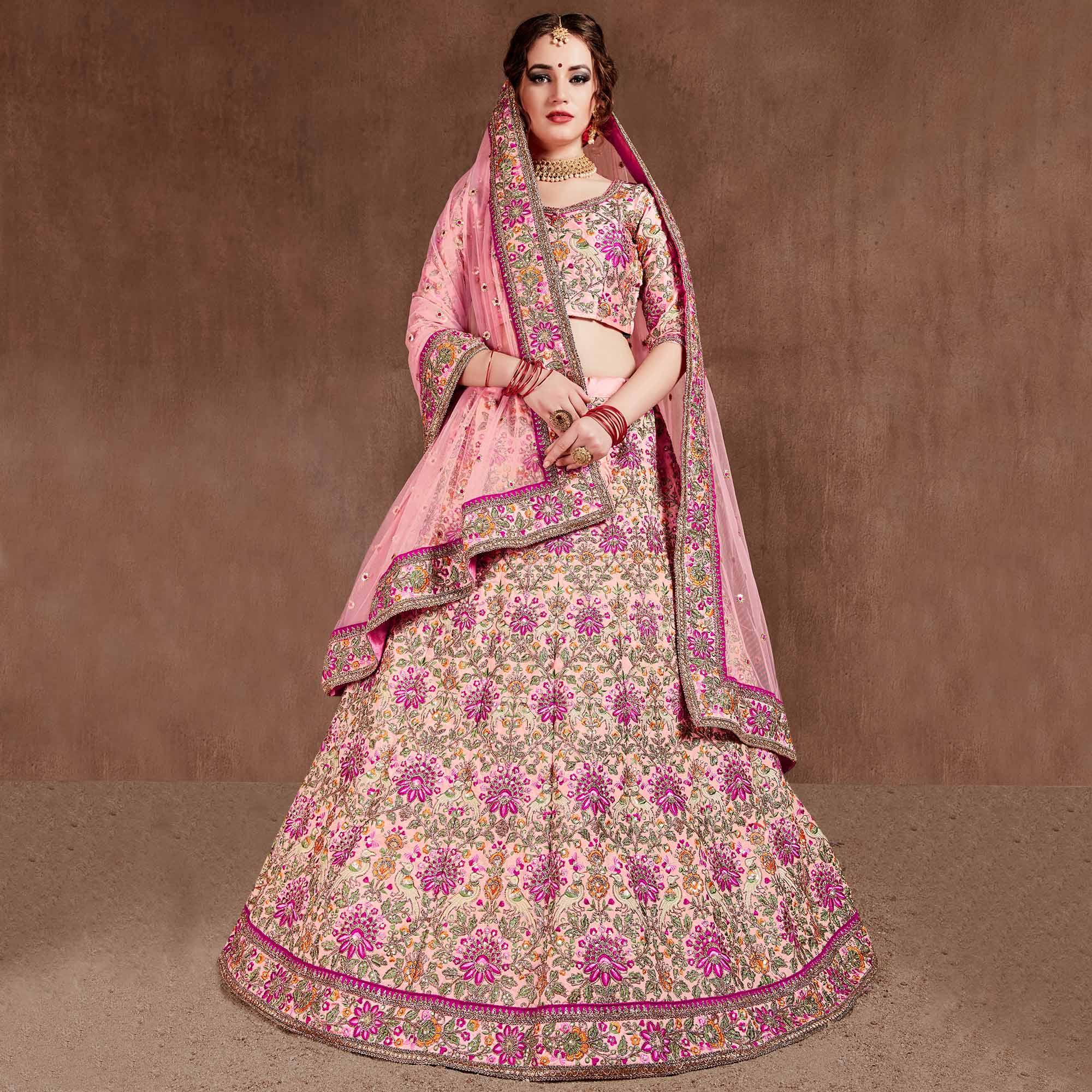 Sensational Pastel Pink Colored Wedding Wear Embroidered Velvet Lehenga Choli - Peachmode