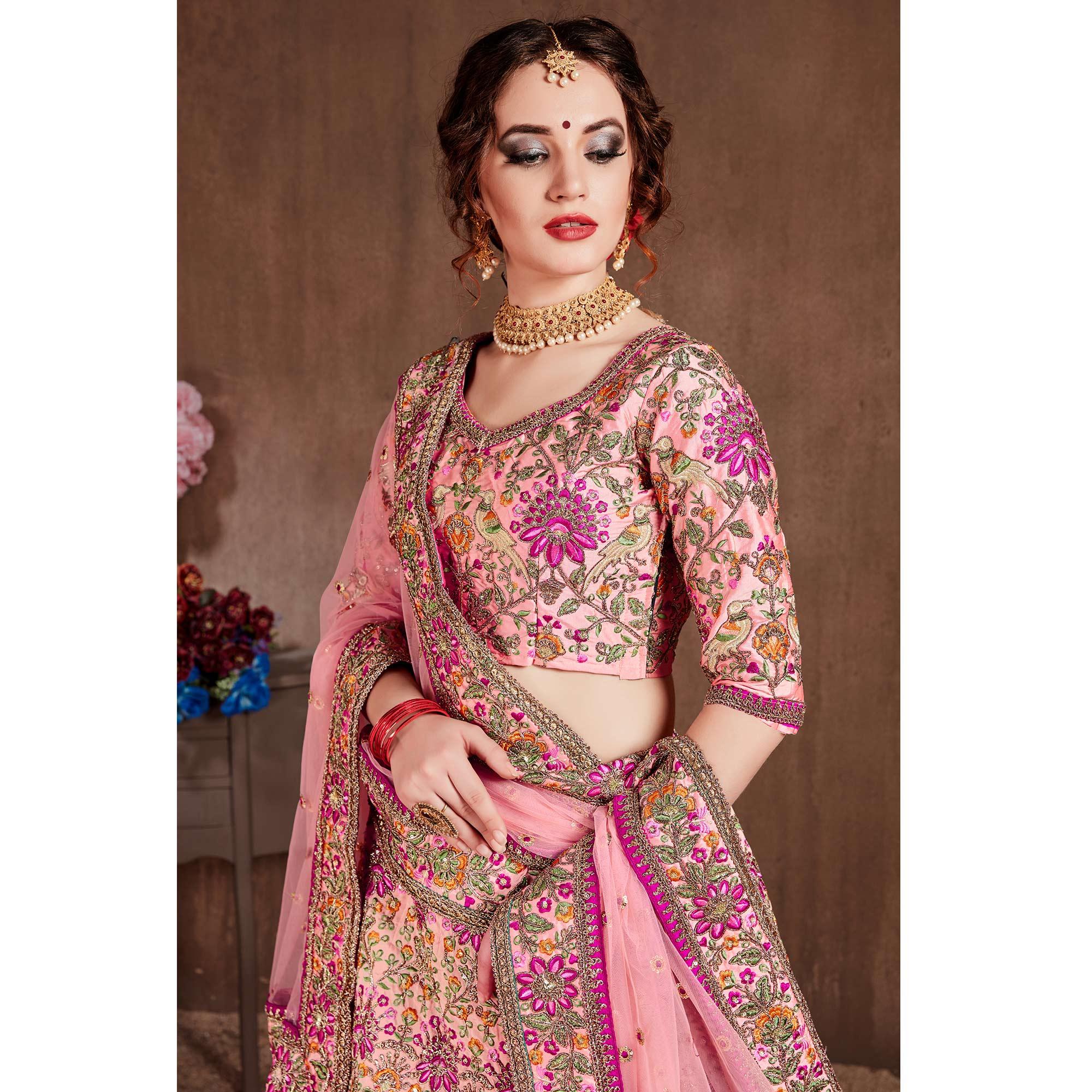 Sensational Pastel Pink Colored Wedding Wear Embroidered Velvet Lehenga Choli - Peachmode