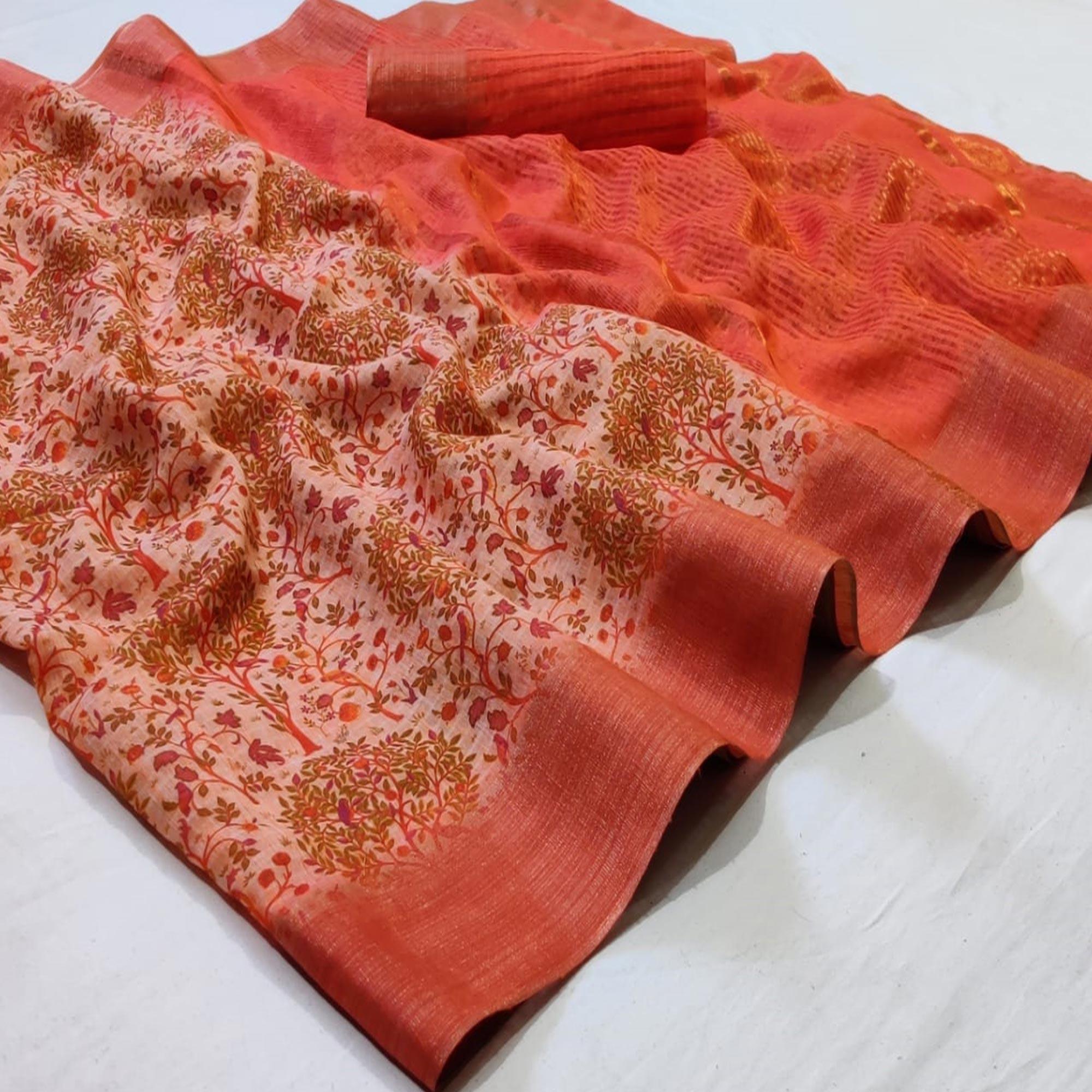 Sensational Peach Colored Festive Wear Woven Linen Saree - Peachmode