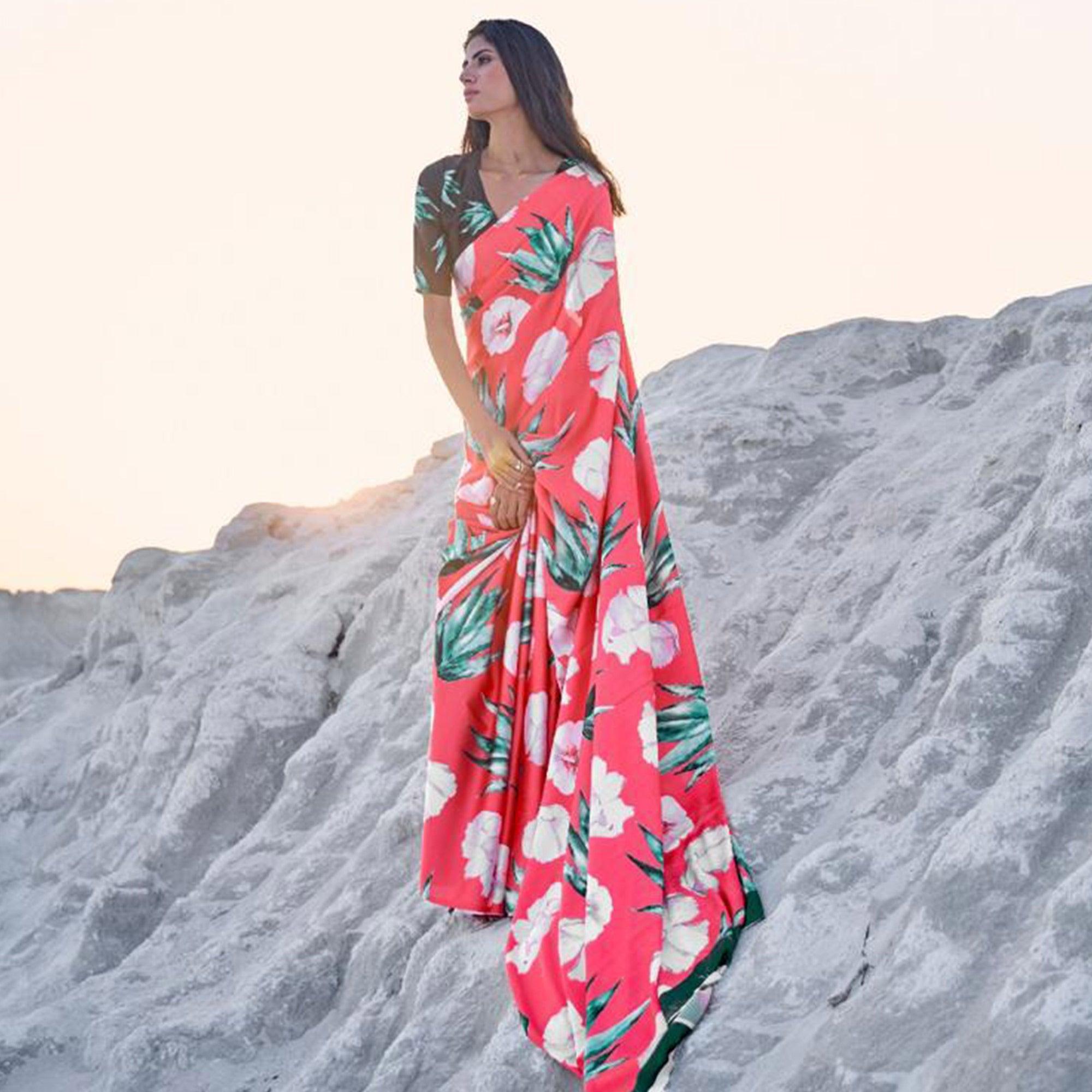 Sensational Peach Colored Partywear Digital Printed Japan Satin Crepe Saree - Peachmode