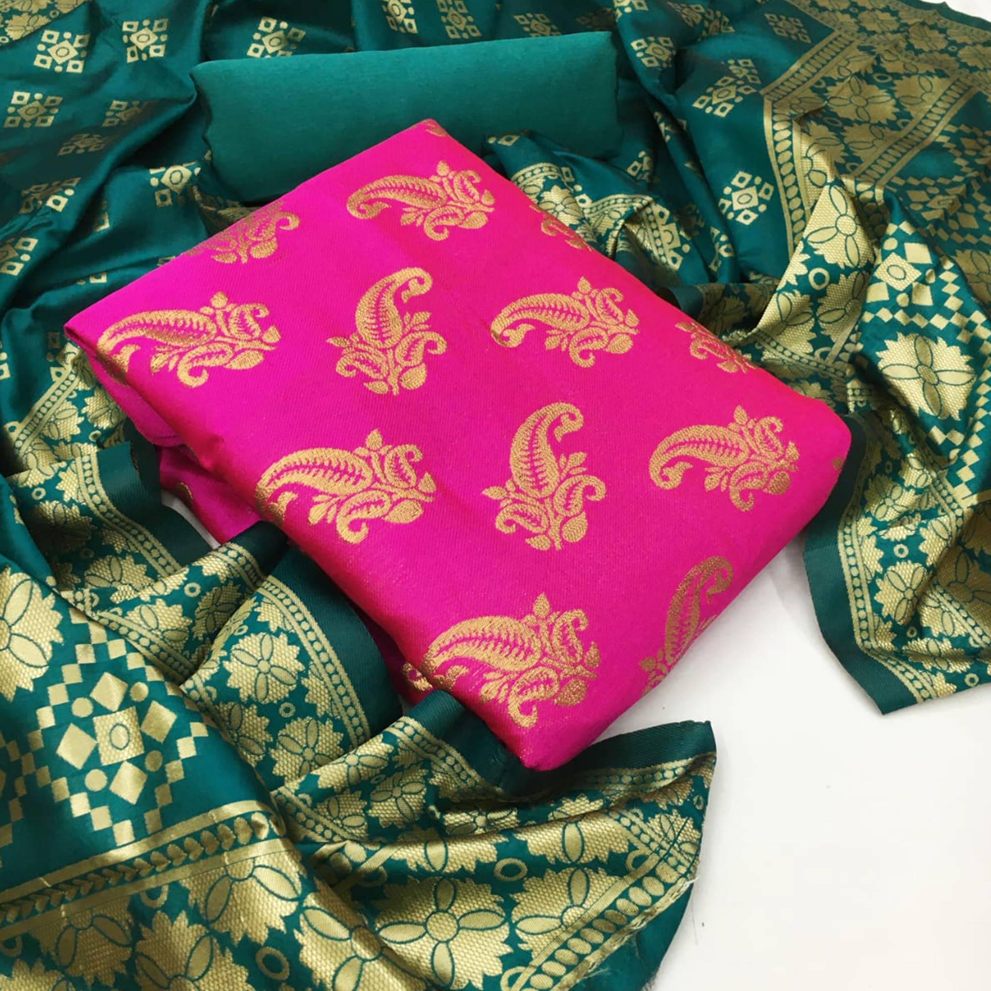Sensational Pink Colored Casual Wear Woven Banarasi Silk Dress Material - Peachmode