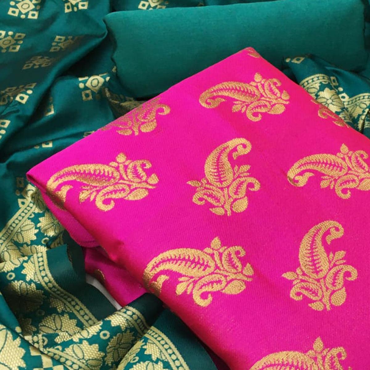 Sensational Pink Colored Casual Wear Woven Banarasi Silk Dress Material - Peachmode