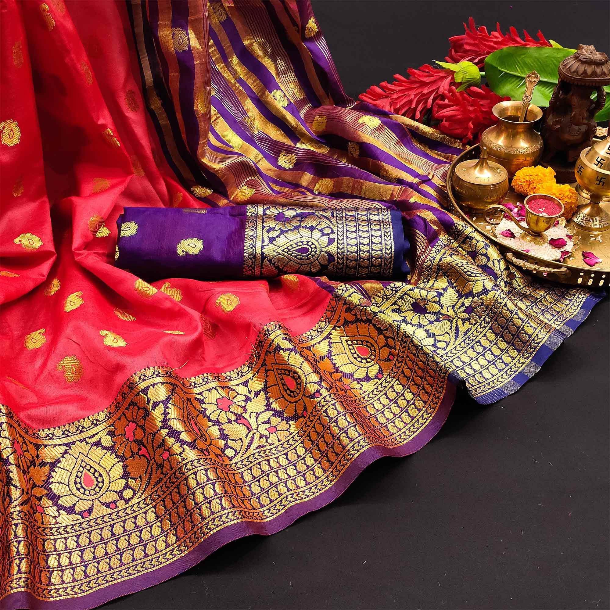 Sensational Pink Colored Festive Wear Woven Kanjivaram Silk Saree - Peachmode