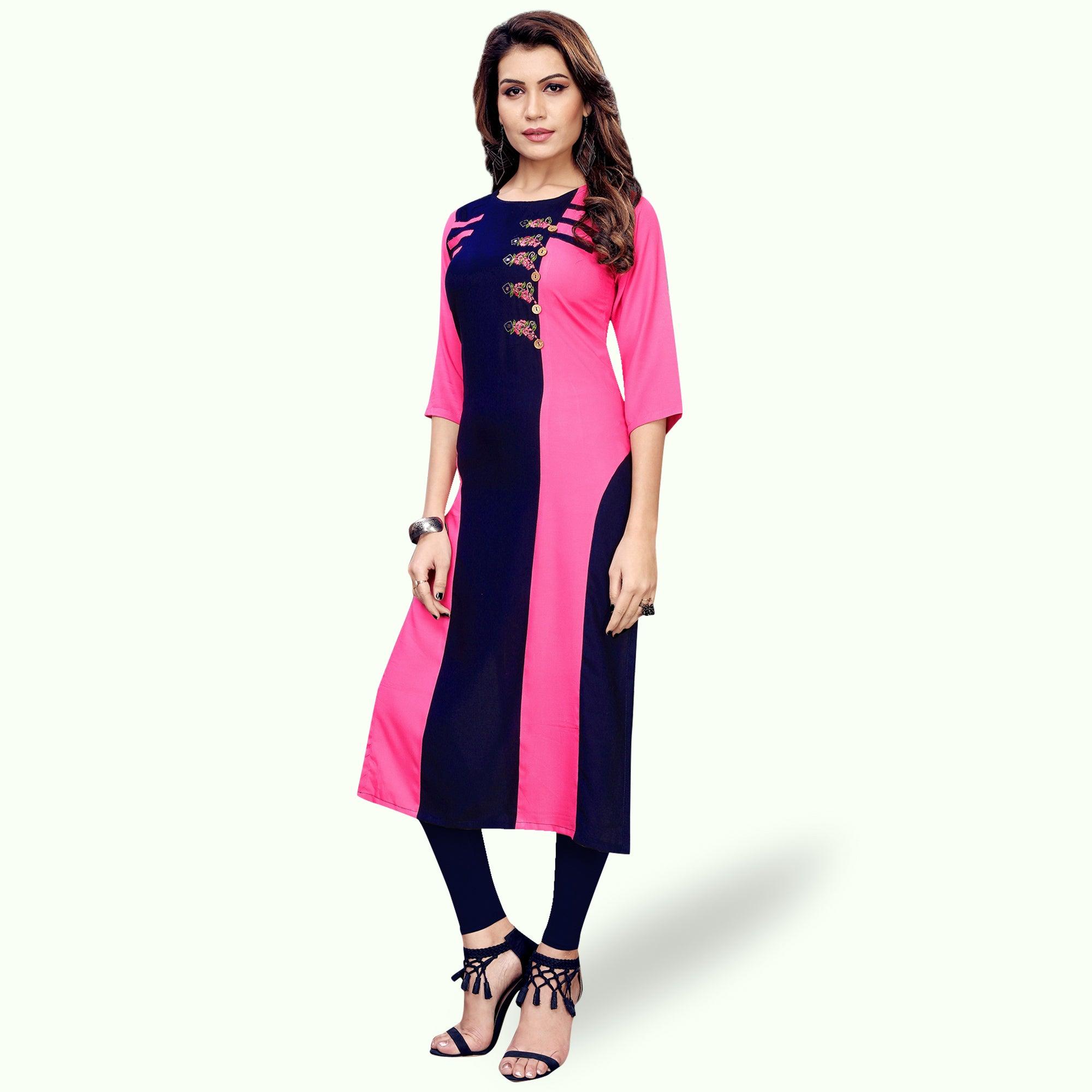 Sensational Pink-Navy Blue Colored Partywear Embroidered Rayon Kurti - Peachmode