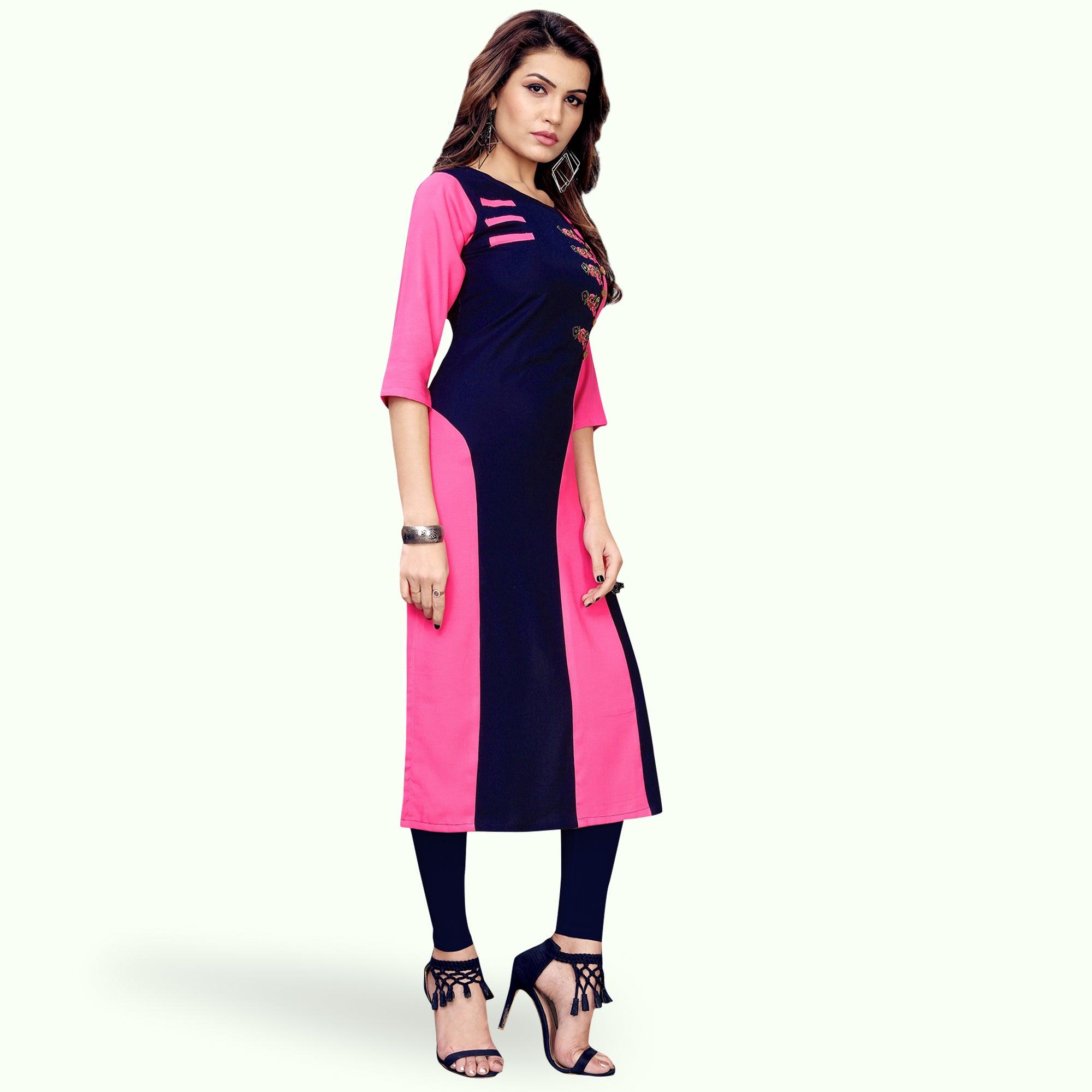 Sensational Pink-Navy Blue Colored Partywear Embroidered Rayon Kurti - Peachmode