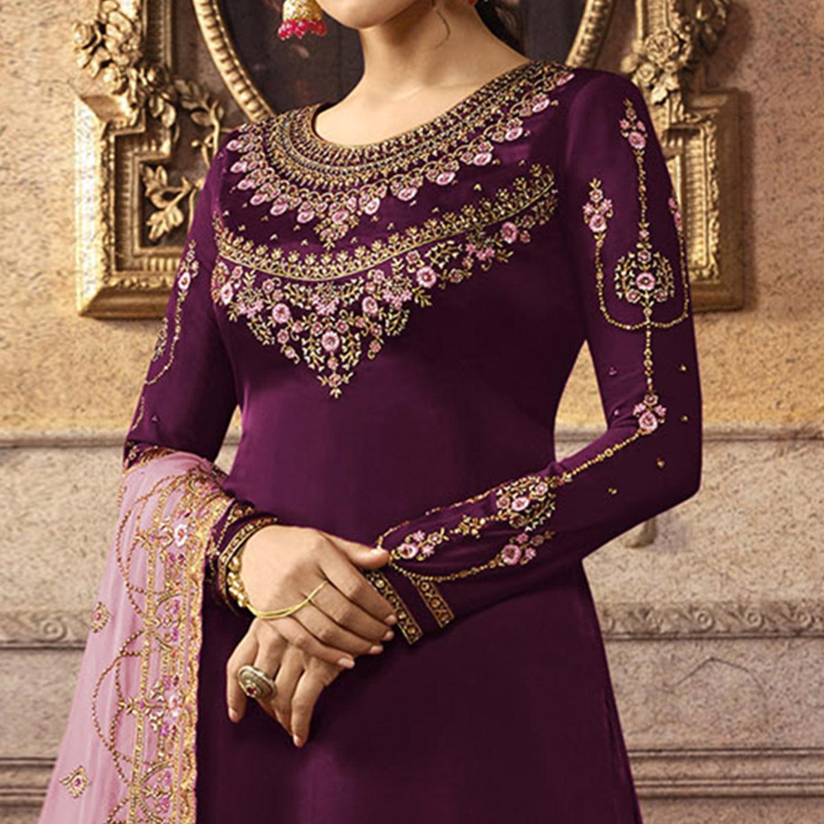 Sensational Purple Colored Partywear Embroidered Faux Georgette Palazzo Suit - Peachmode