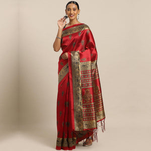 Sensational Red Colored Festive Wear Printed Poly Silk Saree - Peachmode