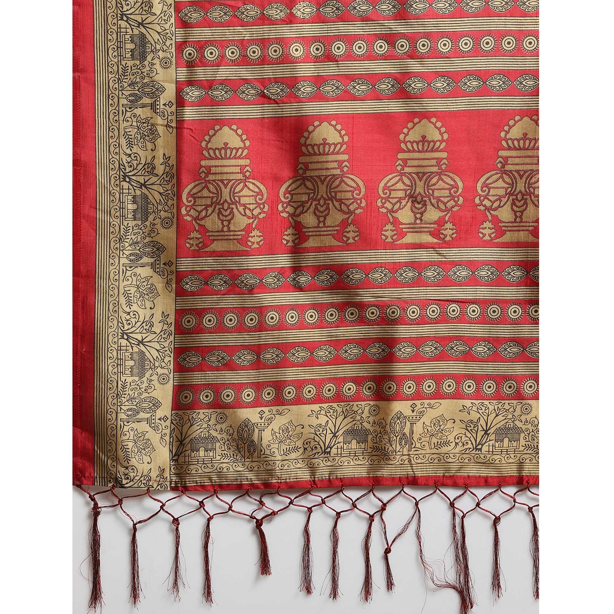 Sensational Red Colored Festive Wear Printed Poly Silk Saree - Peachmode