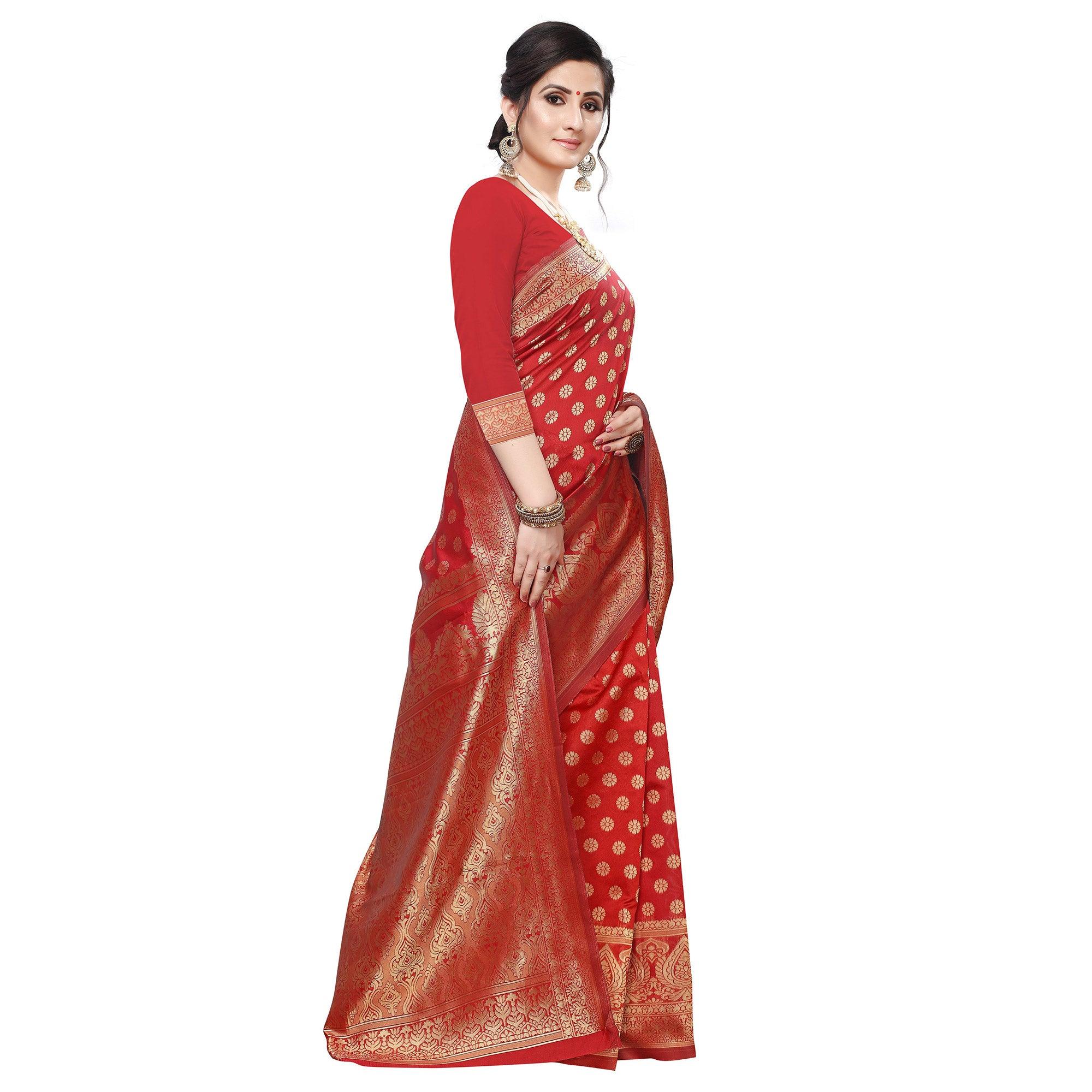 Sensational Red Colored Festive Wear Woven Art Silk Saree - Peachmode