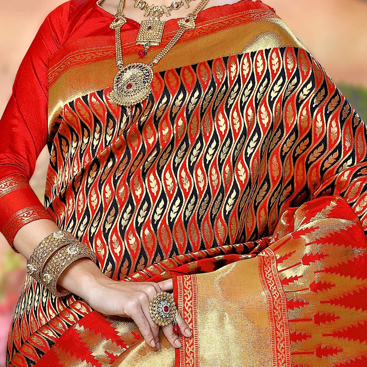 Sensational Red Colored Festive Wear Woven Crystal Silk Saree - Peachmode