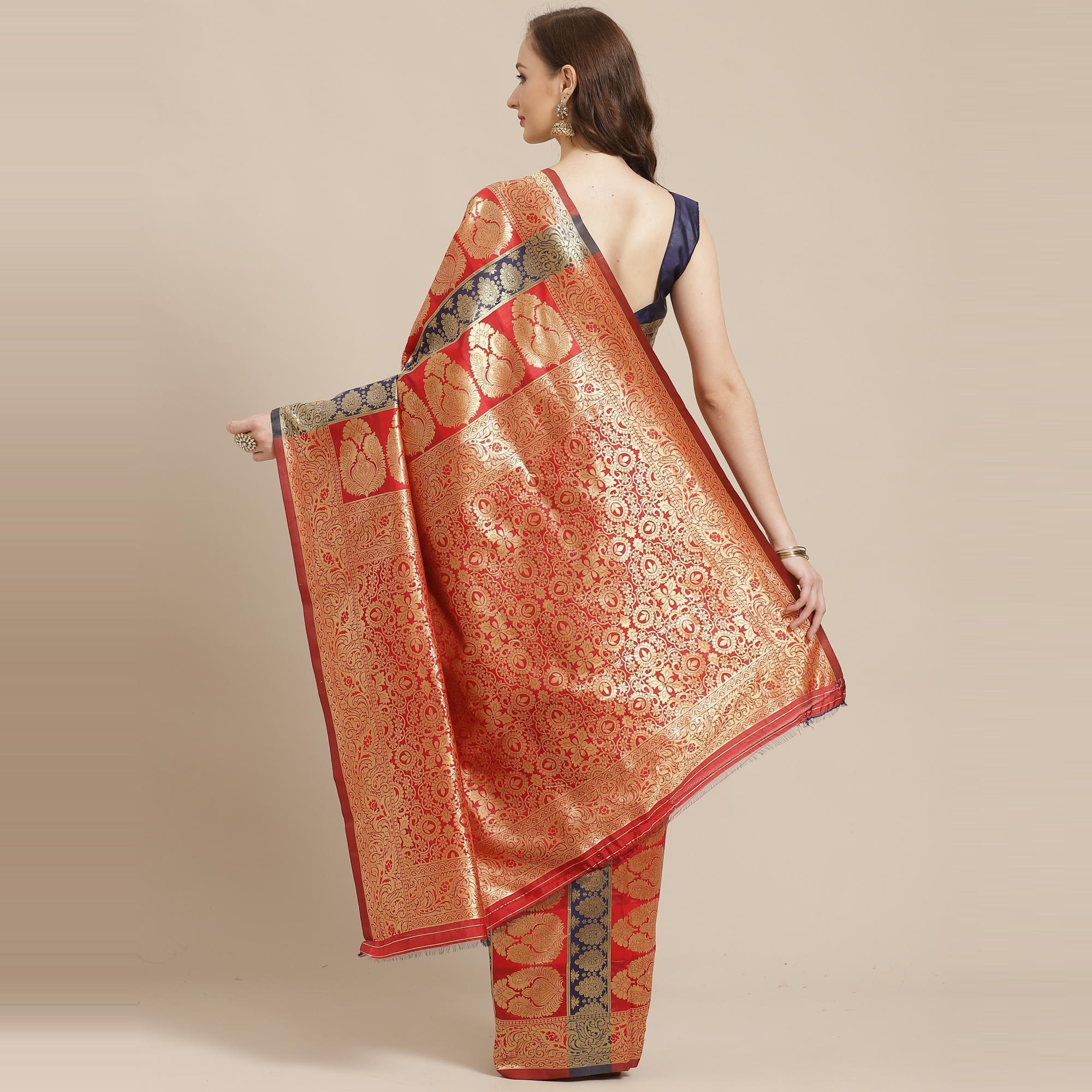 Sensational Red - Navy Blue Colored Festive Wear Woven Silk Blend Saree - Peachmode